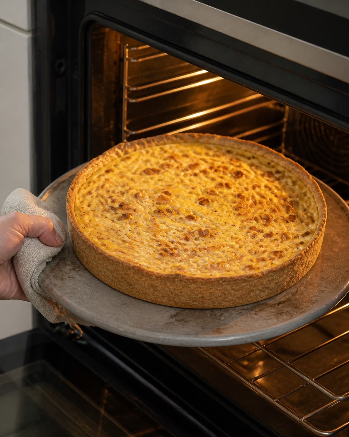 One single photorealistic instructional frame of golden filled pastries baking on one tray for Quiche lorraine, featuring hvedemel, smør, bacon, with only the named equipment and no unrelated food, text, logos or packaging under tilberedningen af quiche lorraine