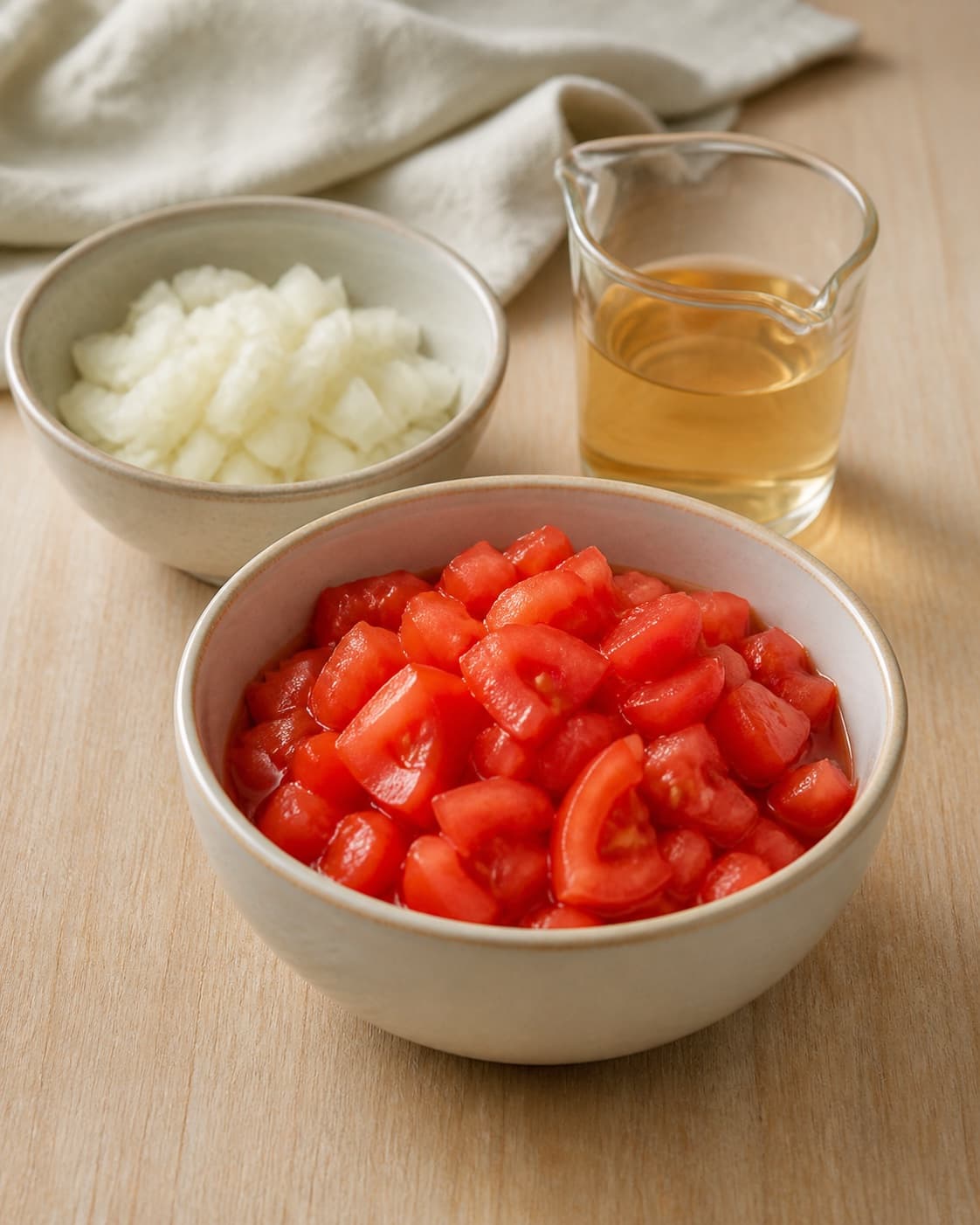 One single photorealistic instructional frame of sauce ingredients prepared in separate bowls for Ketchup, featuring modne tomater, løg, æblecidereddike, with only the named equipment and no unrelated food, text, logos or packaging under tilberedningen af ketchup
