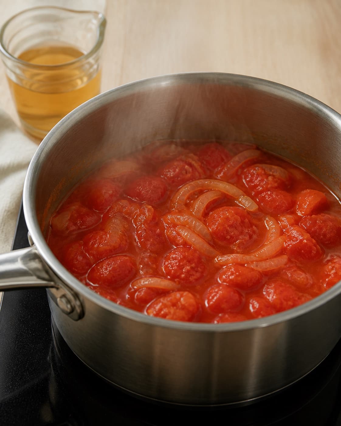 One single photorealistic instructional frame of the sauce base simmering in one saucepan for Ketchup, featuring modne tomater, løg, æblecidereddike, with only the named equipment and no unrelated food, text, logos or packaging under tilberedningen af ketchup