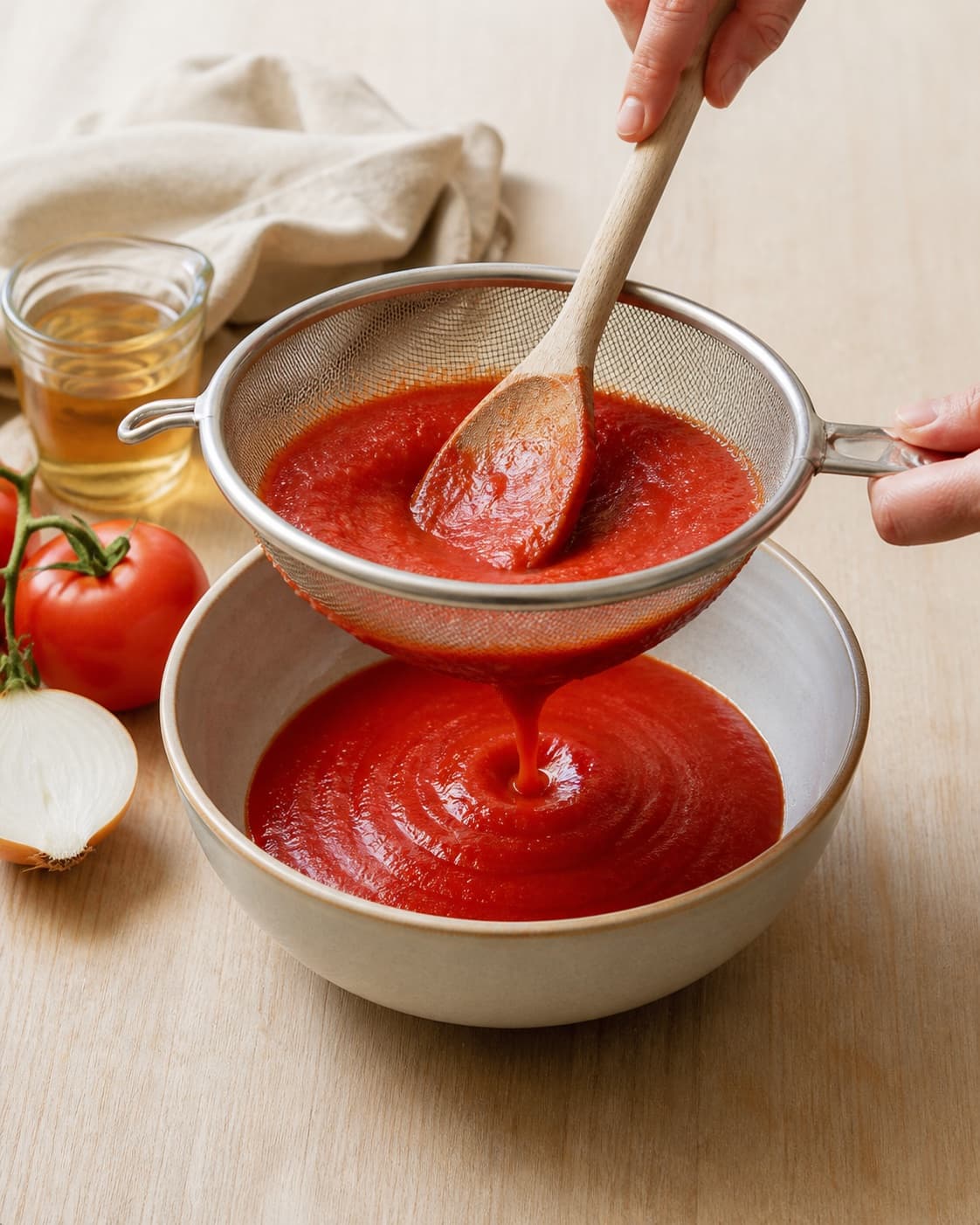 One single photorealistic instructional frame of the cooked sauce being blended or strained smooth for Ketchup, featuring modne tomater, løg, æblecidereddike, with only the named equipment and no unrelated food, text, logos or packaging under tilberedningen af ketchup