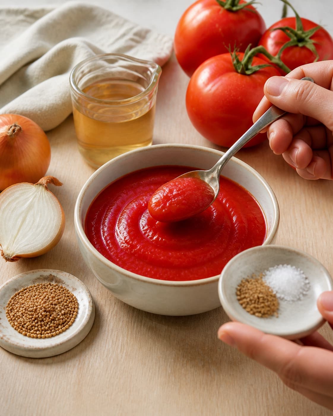 One single photorealistic instructional frame of the sauce consistency and seasoning being checked for Ketchup, featuring modne tomater, løg, æblecidereddike, with only the named equipment and no unrelated food, text, logos or packaging under tilberedningen af ketchup