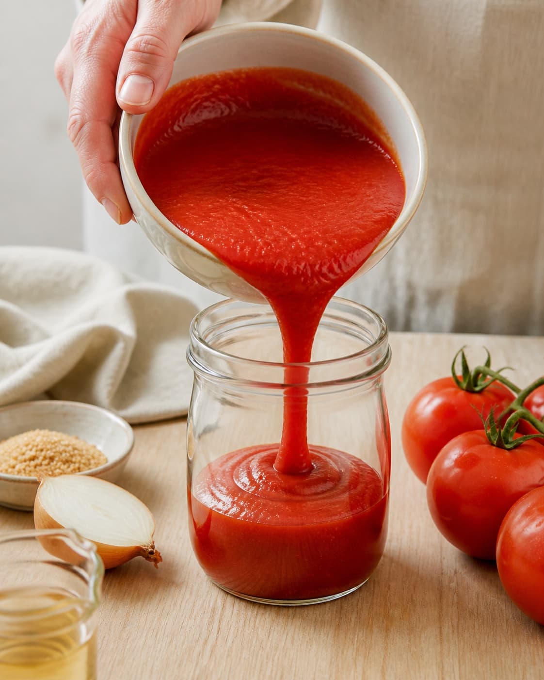 One single photorealistic instructional frame of the finished sauce being transferred into one clean jar for Ketchup, featuring modne tomater, løg, æblecidereddike, with only the named equipment and no unrelated food, text, logos or packaging under tilberedningen af ketchup