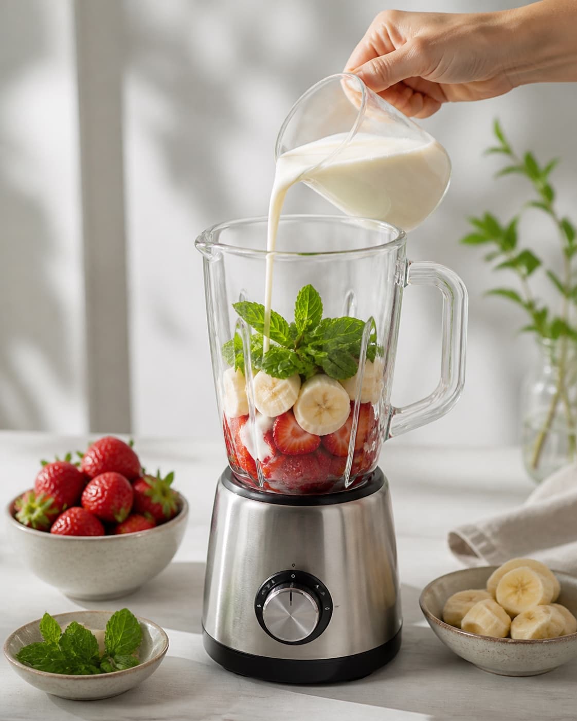 One single photorealistic instructional frame of prepared fruit and measured liquid beside one blender for Smoothie med mynte og jordbær, featuring jordbær, banan, frisk mynte, with only the named equipment and no unrelated food, text, logos or packaging under tilberedningen af smoothie med mynte og jordbær