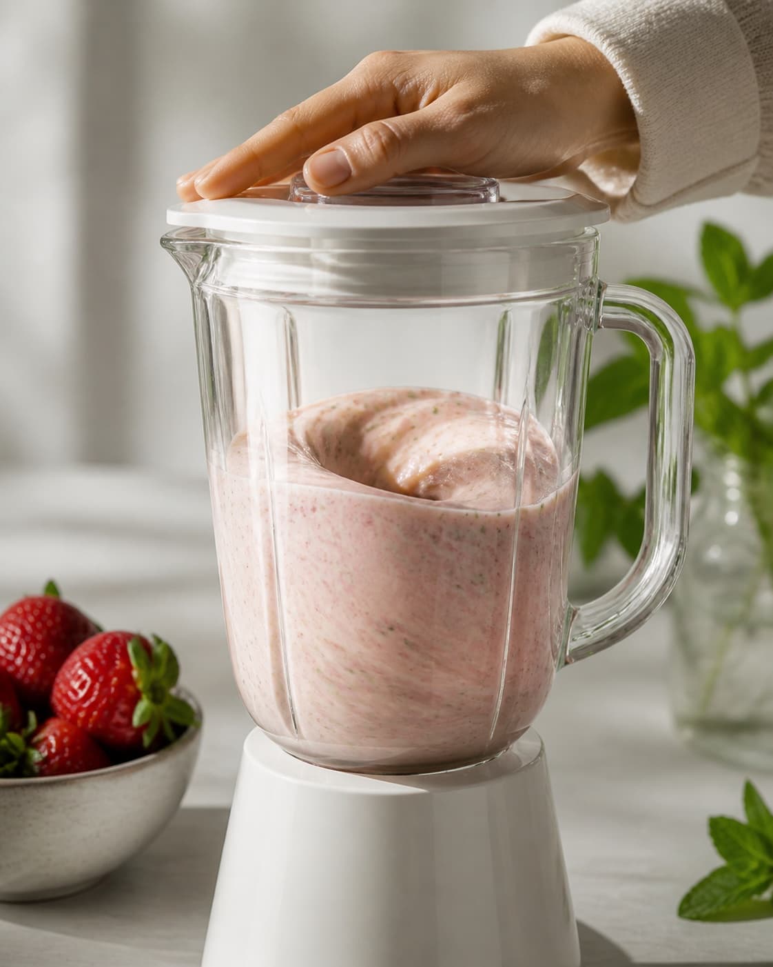 One single photorealistic instructional frame of a smooth pale base swirling inside one blender for Smoothie med mynte og jordbær, featuring jordbær, banan, frisk mynte, with only the named equipment and no unrelated food, text, logos or packaging under tilberedningen af smoothie med mynte og jordbær