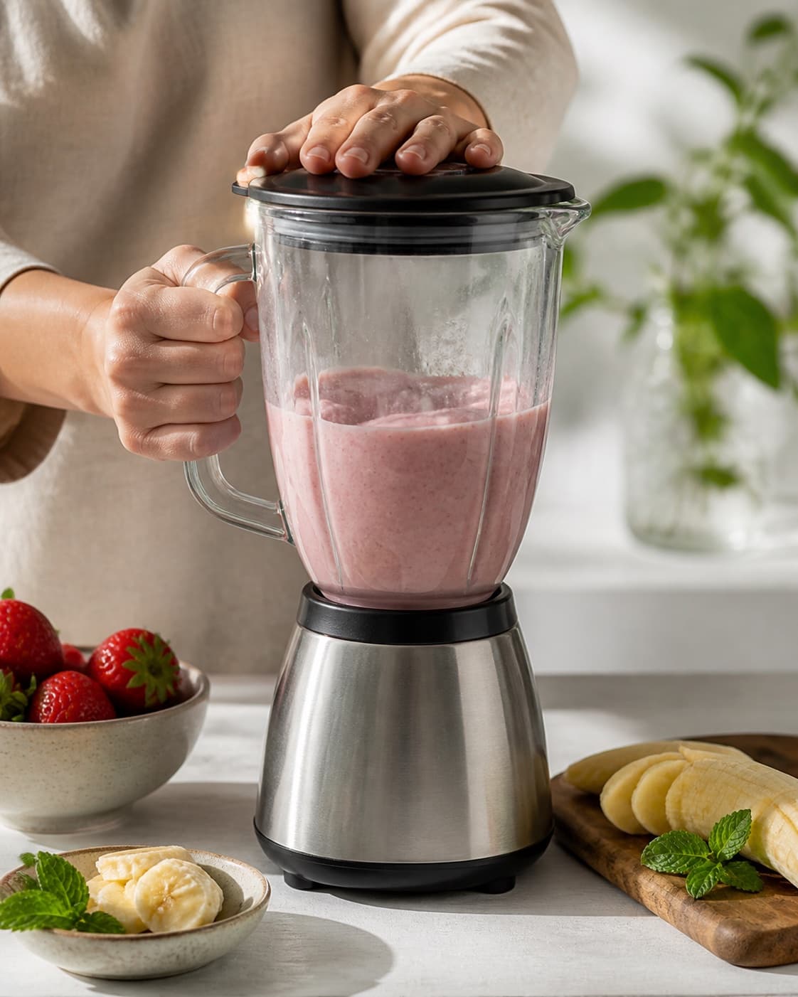 One single photorealistic instructional frame of the final colorful smoothie blending until thick and uniform for Smoothie med mynte og jordbær, featuring jordbær, banan, frisk mynte, with only the named equipment and no unrelated food, text, logos or packaging under tilberedningen af smoothie med mynte og jordbær
