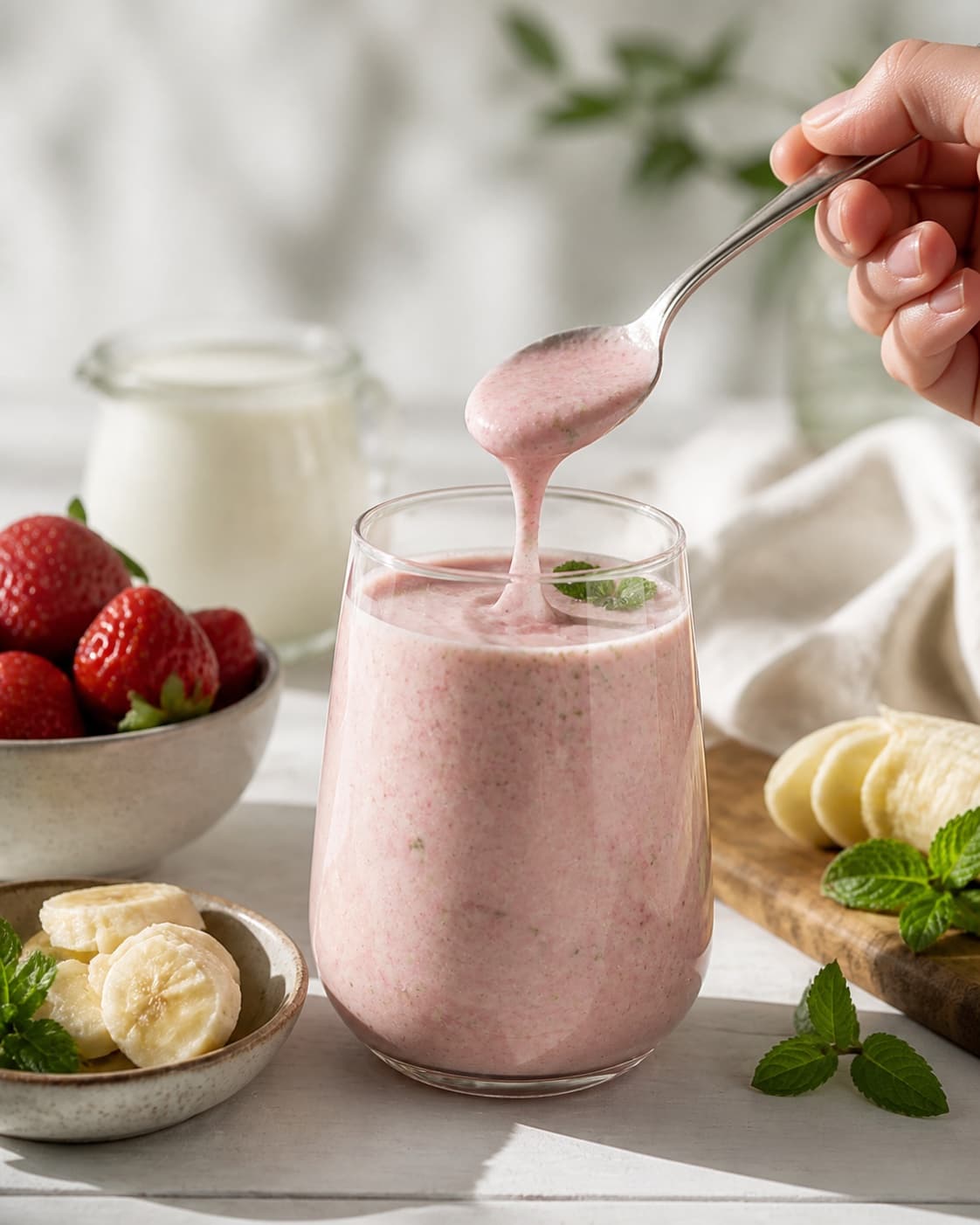 One single photorealistic instructional frame of one spoon checking the thick smoothie consistency for Smoothie med mynte og jordbær, featuring jordbær, banan, frisk mynte, with only the named equipment and no unrelated food, text, logos or packaging under tilberedningen af smoothie med mynte og jordbær