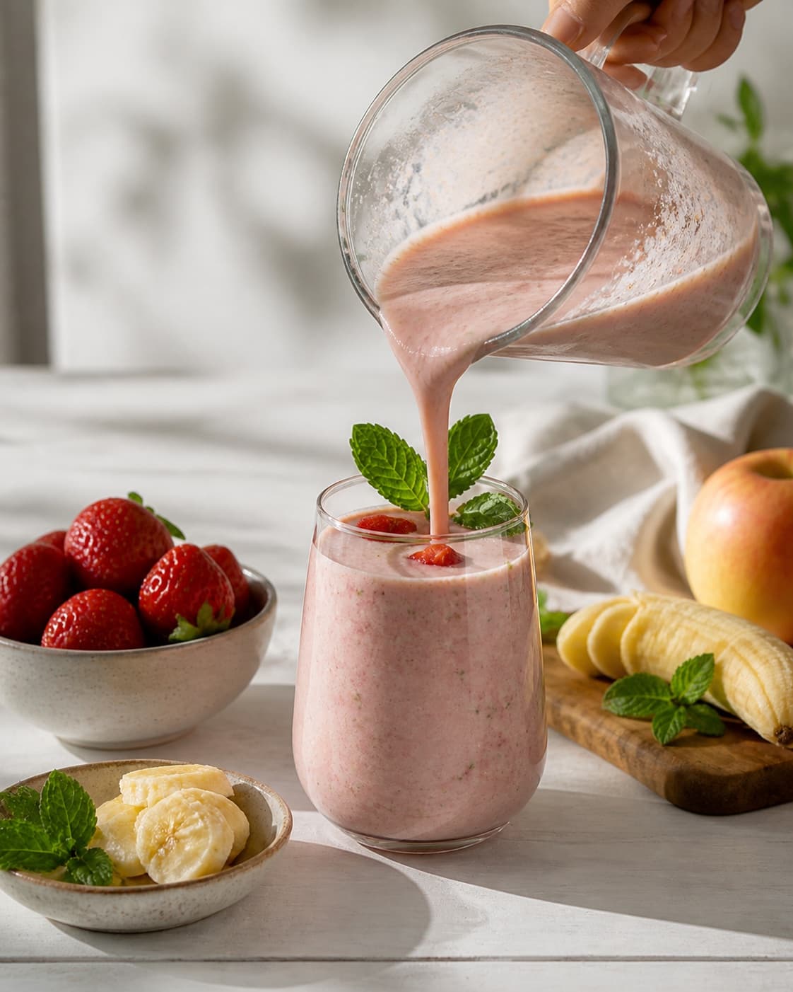 One single photorealistic instructional frame of the finished smoothie poured into clean chilled glasses or bowls for Smoothie med mynte og jordbær, featuring jordbær, banan, frisk mynte, with only the named equipment and no unrelated food, text, logos or packaging under tilberedningen af smoothie med mynte og jordbær