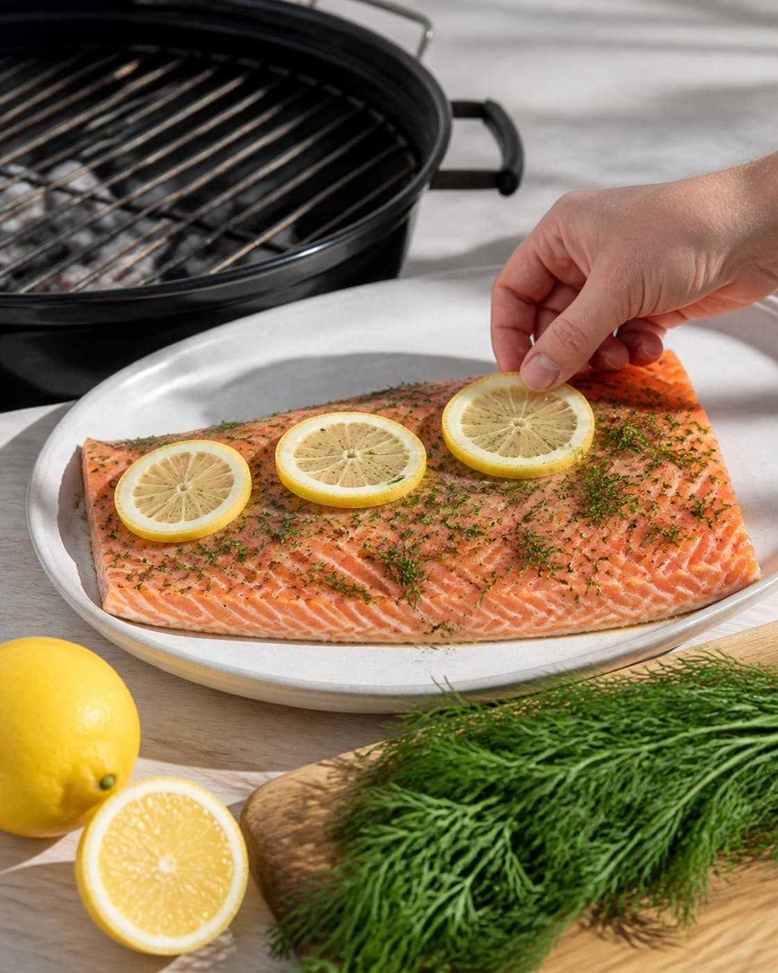 One single photorealistic instructional frame of the cleaned main ingredient prepared beside the grill for Laks på grill med citron og krydderurter, featuring lakseside, citron, frisk dild, with only the named equipment and no unrelated food, text, logos or packaging under tilberedningen af laks på grill med citron og krydderurter