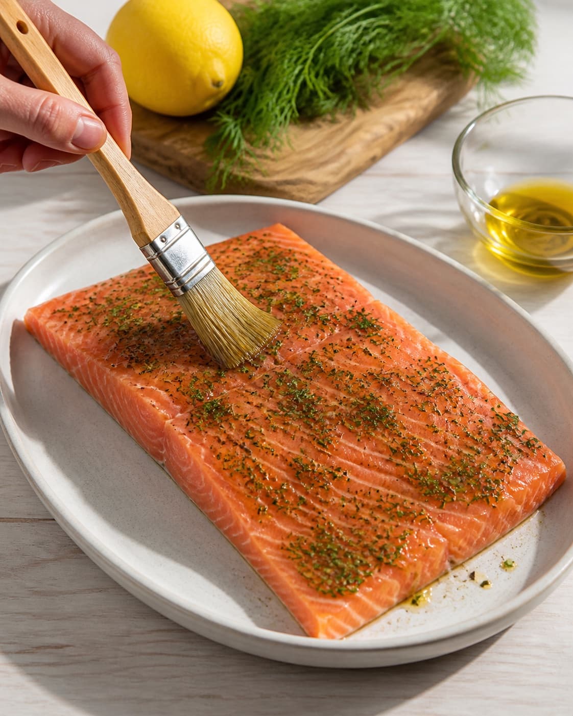 One single photorealistic instructional frame of the main ingredient being brushed with seasoning for Laks på grill med citron og krydderurter, featuring lakseside, citron, frisk dild, with only the named equipment and no unrelated food, text, logos or packaging under tilberedningen af laks på grill med citron og krydderurter