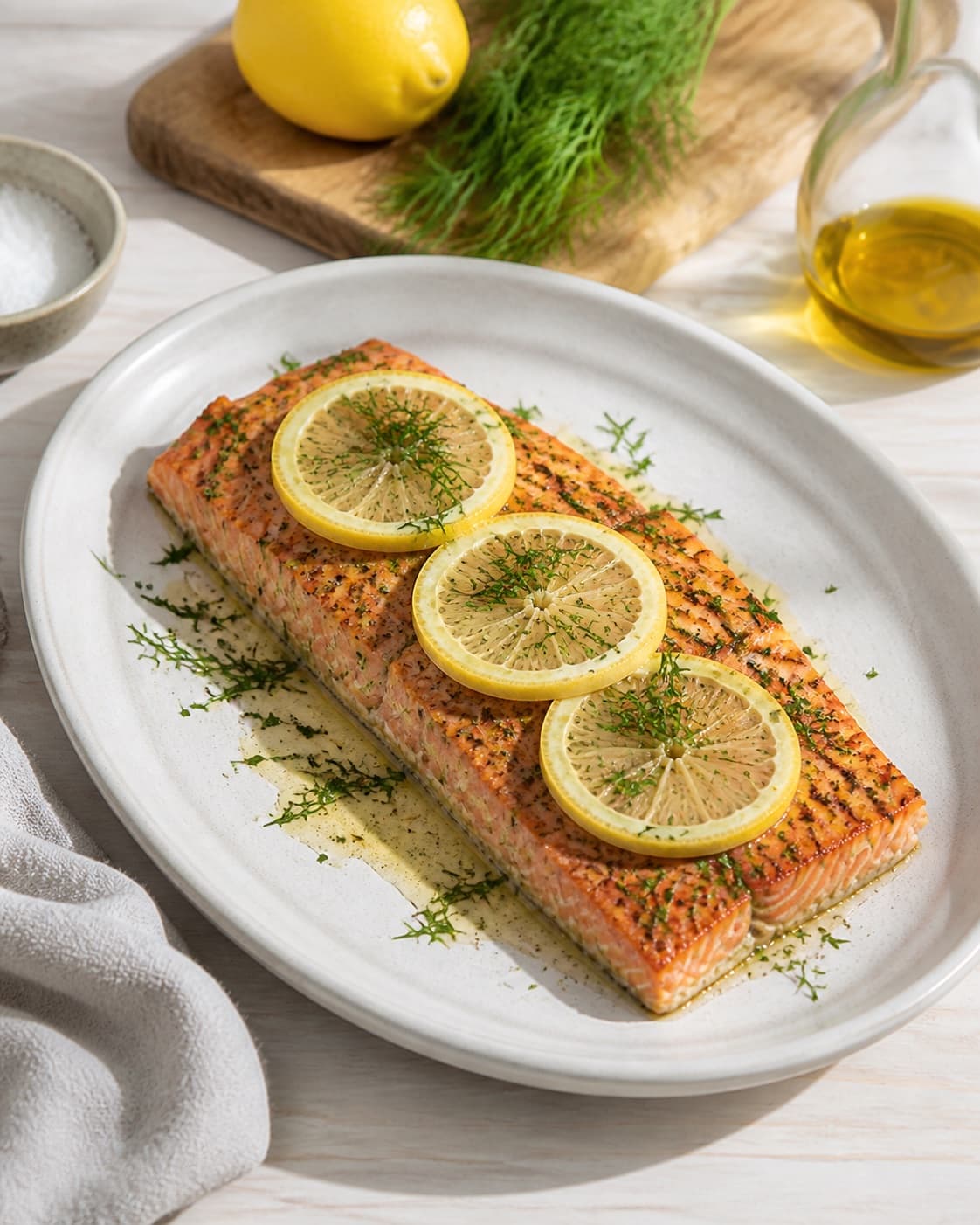 One single photorealistic instructional frame of the grilled dish resting on one serving platter for Laks på grill med citron og krydderurter, featuring lakseside, citron, frisk dild, with only the named equipment and no unrelated food, text, logos or packaging under tilberedningen af laks på grill med citron og krydderurter