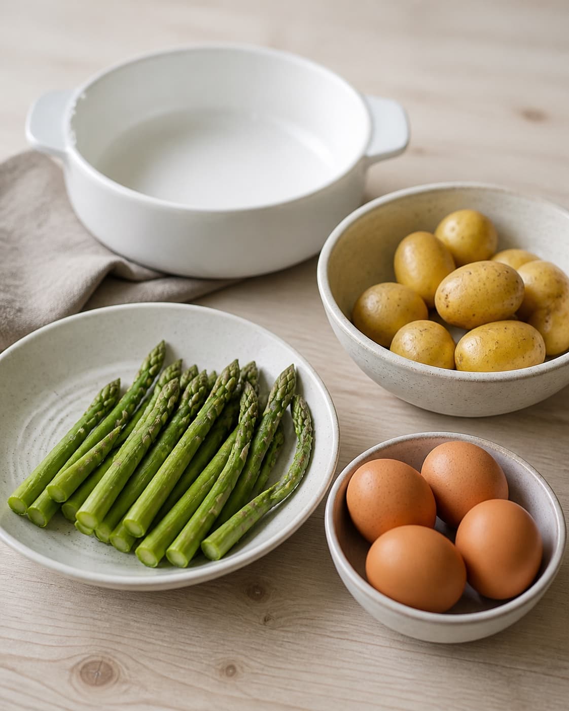 One single photorealistic instructional frame of prepared filling ingredients arranged separately for Asparges og kartofler en cocotte, featuring grønne asparges, små kartofler, æg, with only the named equipment and no unrelated food, text, logos or packaging under tilberedningen af asparges og kartofler en cocotte