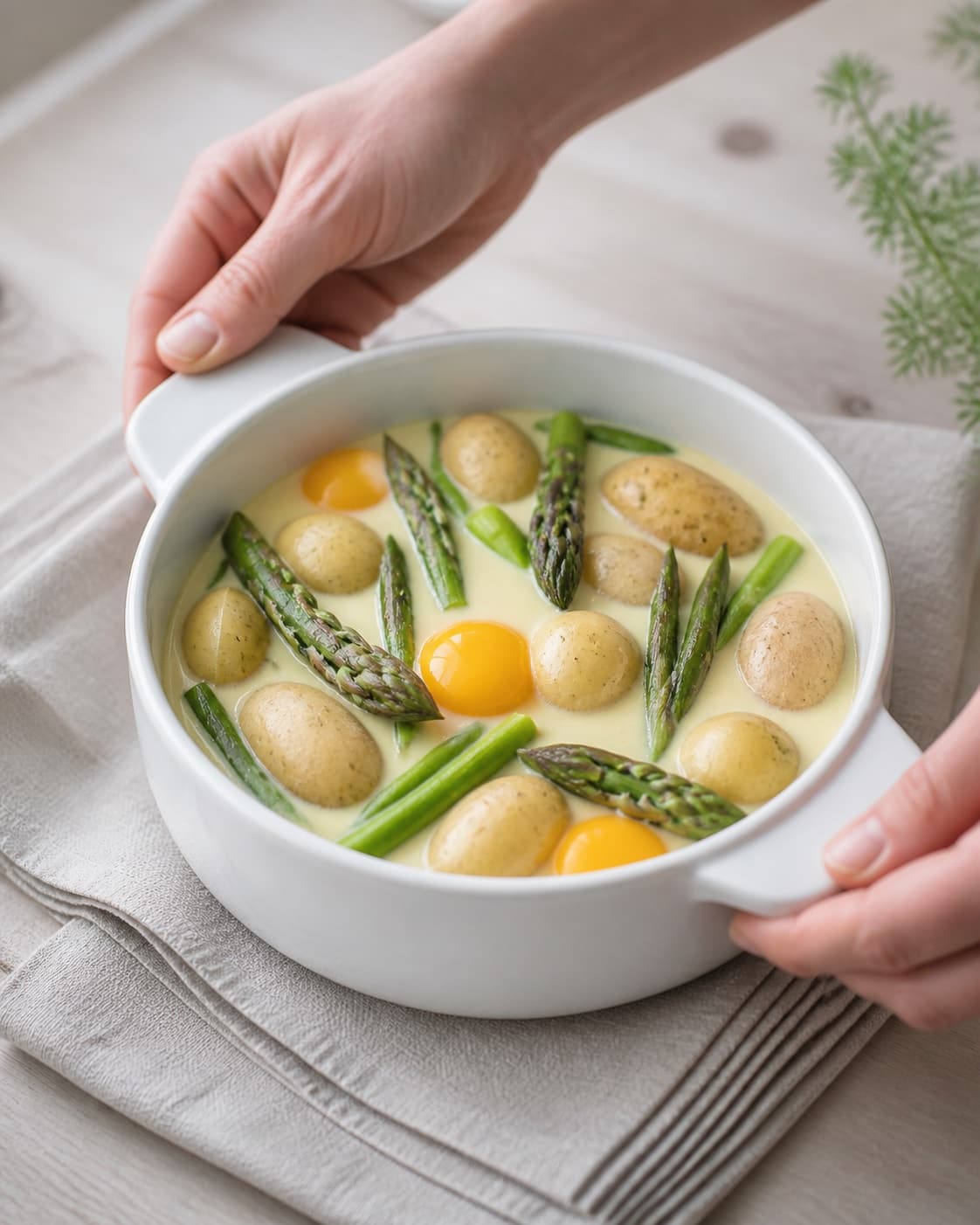 One single photorealistic instructional frame of the unbaked casserole assembled in one clean dish for Asparges og kartofler en cocotte, featuring grønne asparges, små kartofler, æg, with only the named equipment and no unrelated food, text, logos or packaging under tilberedningen af asparges og kartofler en cocotte