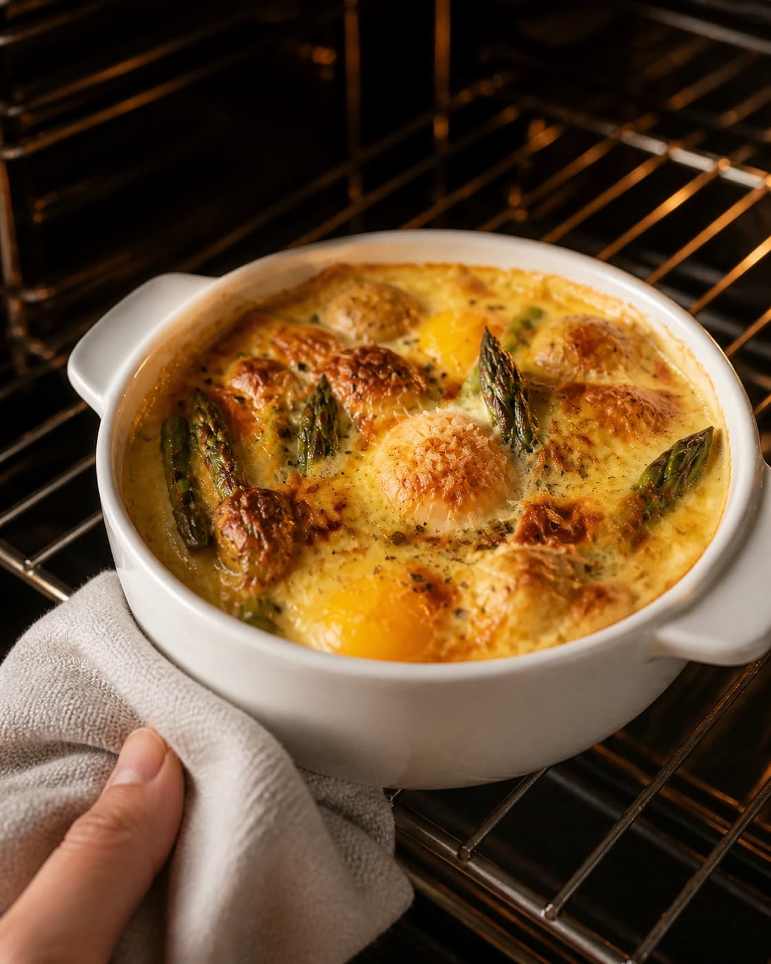 One single photorealistic instructional frame of the casserole bubbling and browning in the oven for Asparges og kartofler en cocotte, featuring grønne asparges, små kartofler, æg, with only the named equipment and no unrelated food, text, logos or packaging under tilberedningen af asparges og kartofler en cocotte