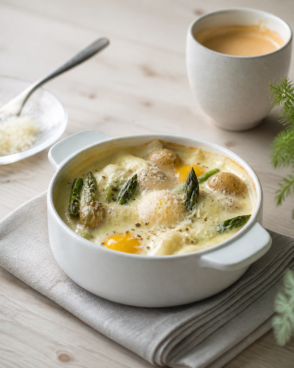 One single photorealistic instructional frame of the finished casserole resting before serving for Asparges og kartofler en cocotte, featuring grønne asparges, små kartofler, æg, with only the named equipment and no unrelated food, text, logos or packaging under tilberedningen af asparges og kartofler en cocotte
