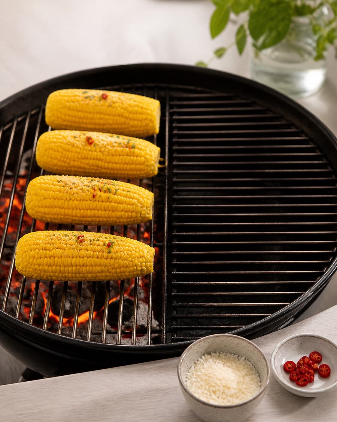 One single photorealistic instructional frame of a clean grill with direct and indirect heat zones for Majskolber med parmesan og chili, featuring majskolber, parmesan, chili, with only the named equipment and no unrelated food, text, logos or packaging under tilberedningen af majskolber med parmesan og chili