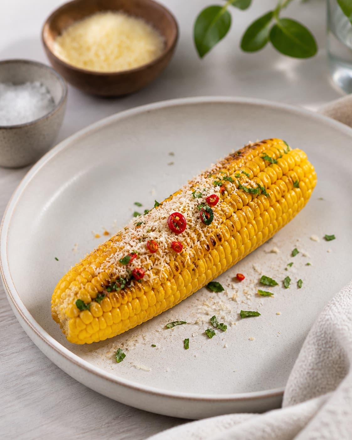 One single photorealistic instructional frame of the grilled dish resting on one serving platter for Majskolber med parmesan og chili, featuring majskolber, parmesan, chili, with only the named equipment and no unrelated food, text, logos or packaging under tilberedningen af majskolber med parmesan og chili