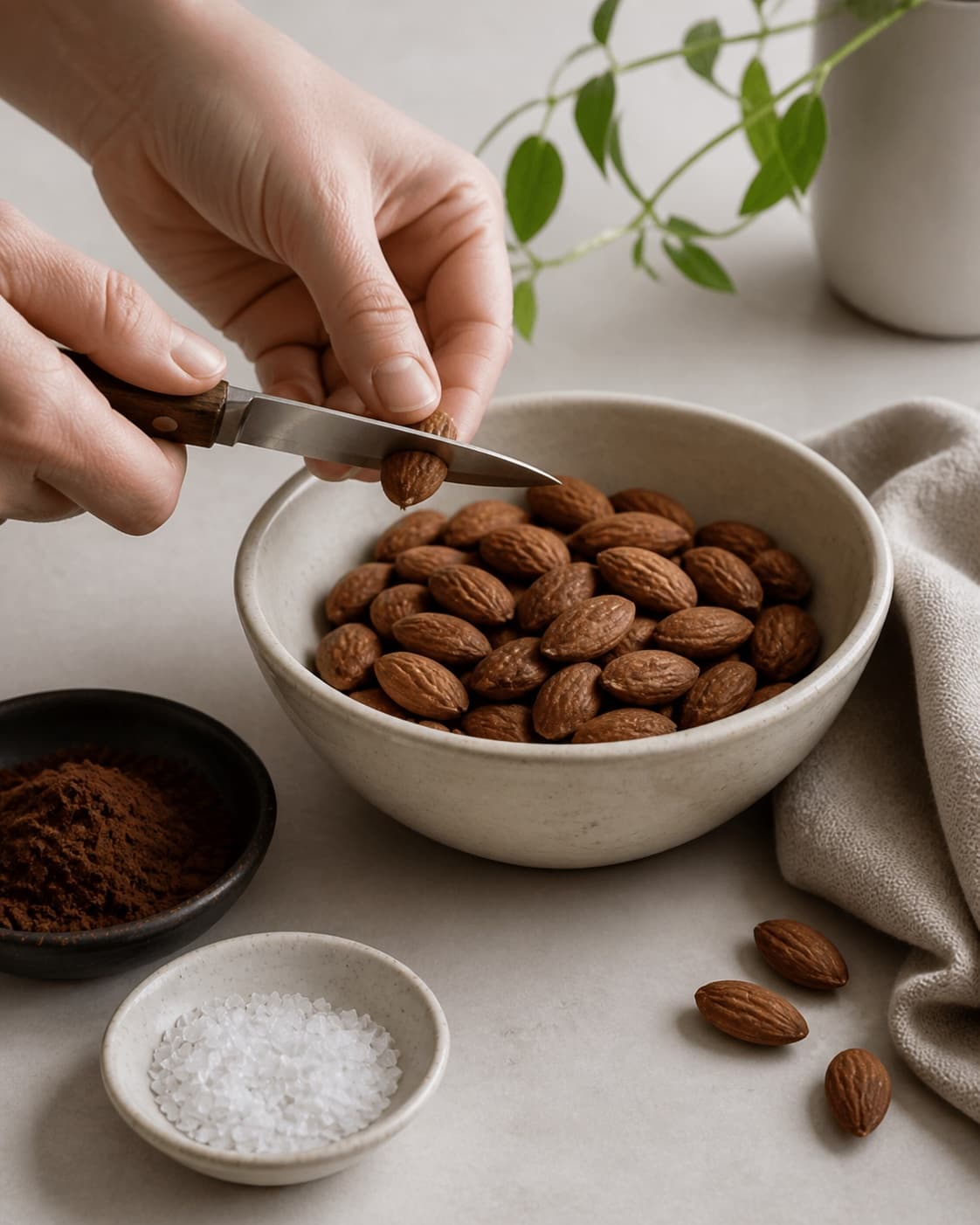 One single photorealistic instructional frame of the main ingredient trimmed cut and dried before roasting for Saltede lakridsmandler, featuring mandler, lakridspulver, flagesalt, with only the named equipment and no unrelated food, text, logos or packaging under tilberedningen af saltede lakridsmandler