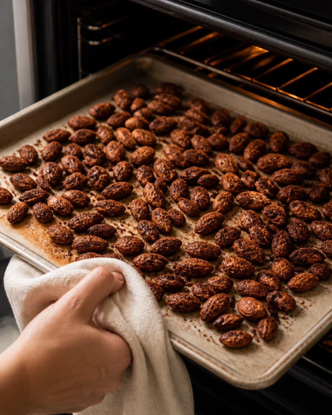One single photorealistic instructional frame of the seasoned main ingredient roasting until properly cooked for Saltede lakridsmandler, featuring mandler, lakridspulver, flagesalt, with only the named equipment and no unrelated food, text, logos or packaging under tilberedningen af saltede lakridsmandler