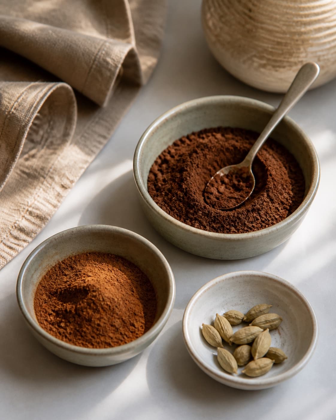 One single photorealistic instructional frame of sauce ingredients prepared in separate bowls for Krydret kakaodrys til en god kop kaffe, featuring kakaopulver, stødt kanel, kardemomme, with only the named equipment and no unrelated food, text, logos or packaging under tilberedningen af krydret kakaodrys til en god kop kaffe
