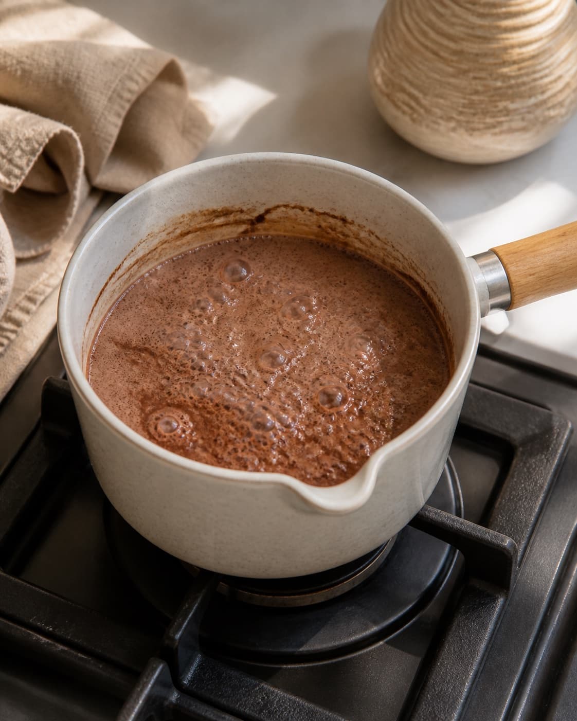 One single photorealistic instructional frame of the sauce base simmering in one saucepan for Krydret kakaodrys til en god kop kaffe, featuring kakaopulver, stødt kanel, kardemomme, with only the named equipment and no unrelated food, text, logos or packaging under tilberedningen af krydret kakaodrys til en god kop kaffe