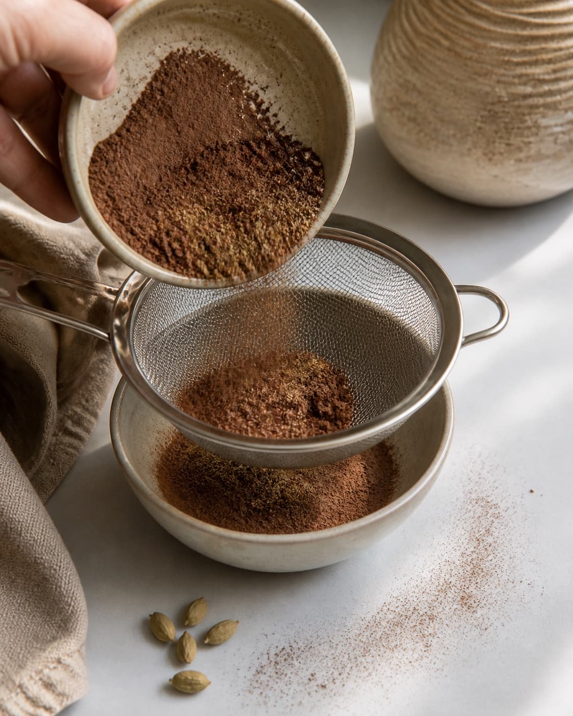 One single photorealistic instructional frame of the cooked sauce being blended or strained smooth for Krydret kakaodrys til en god kop kaffe, featuring kakaopulver, stødt kanel, kardemomme, with only the named equipment and no unrelated food, text, logos or packaging under tilberedningen af krydret kakaodrys til en god kop kaffe