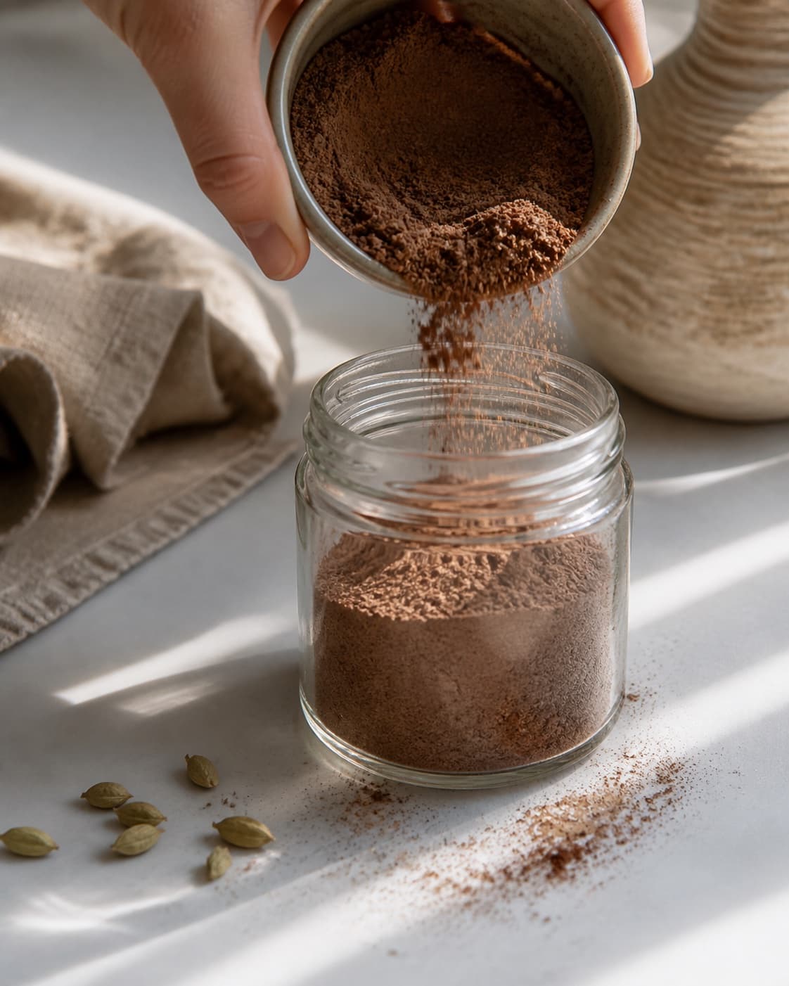 One single photorealistic instructional frame of the finished sauce being transferred into one clean jar for Krydret kakaodrys til en god kop kaffe, featuring kakaopulver, stødt kanel, kardemomme, with only the named equipment and no unrelated food, text, logos or packaging under tilberedningen af krydret kakaodrys til en god kop kaffe