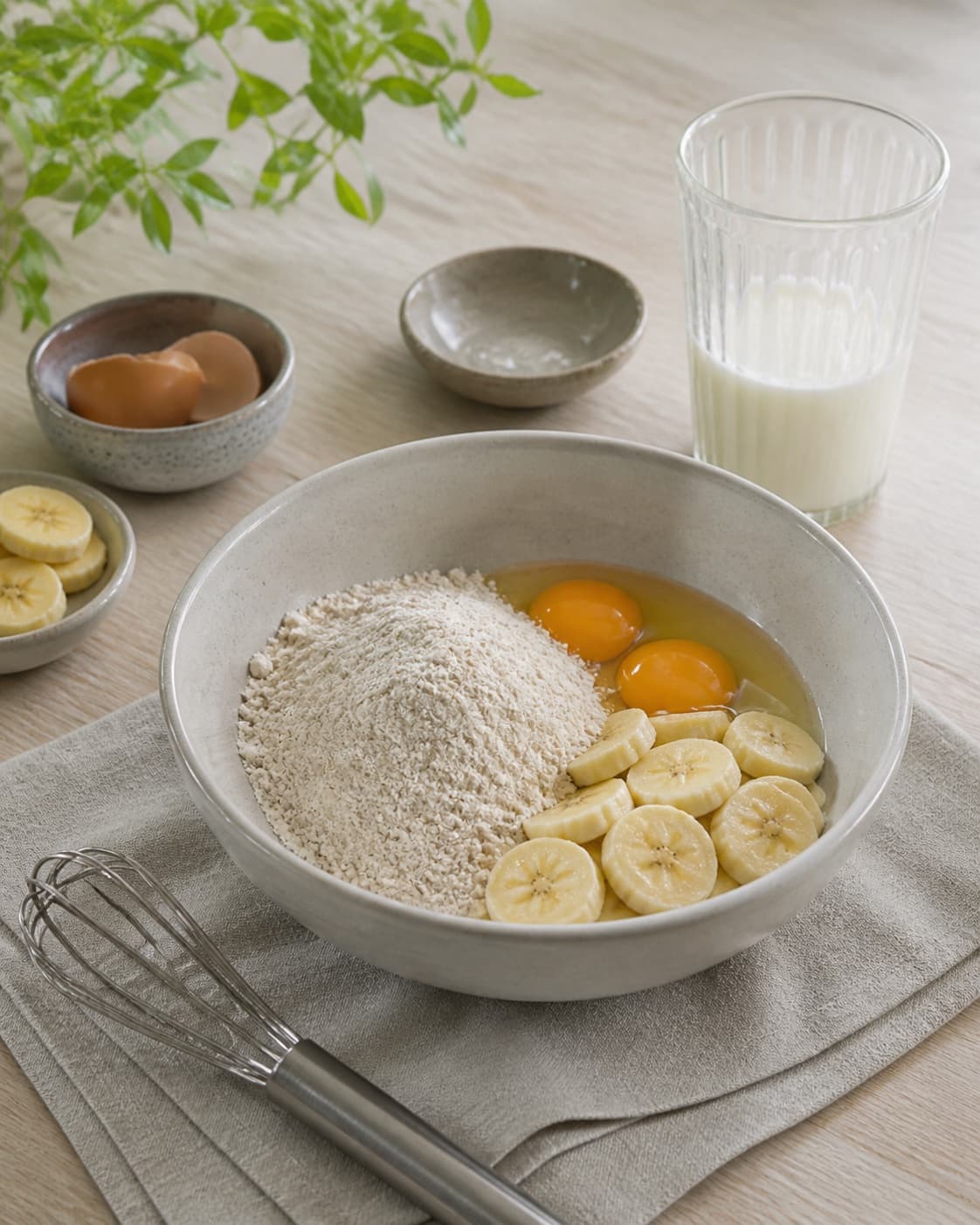 One single photorealistic instructional frame of measured grains seeds and liquid before cooking for Morgenmadsvafler med boghvede, featuring boghvedemel, banan, æg, with only the named equipment and no unrelated food, text, logos or packaging under tilberedningen af morgenmadsvafler med boghvede