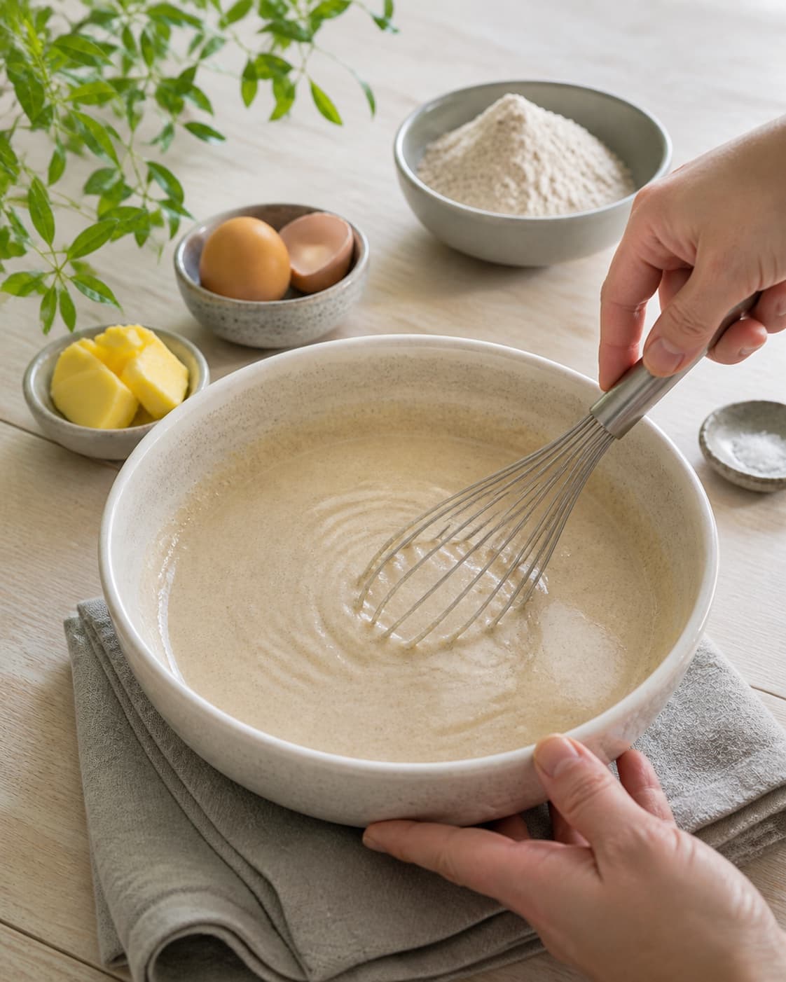 Smooth pourable batter for buckwheat breakfast waffles being whisked in one bowl, no saucepan, boiling porridge or finished pancakes under tilberedningen af morgenmadsvafler med boghvede