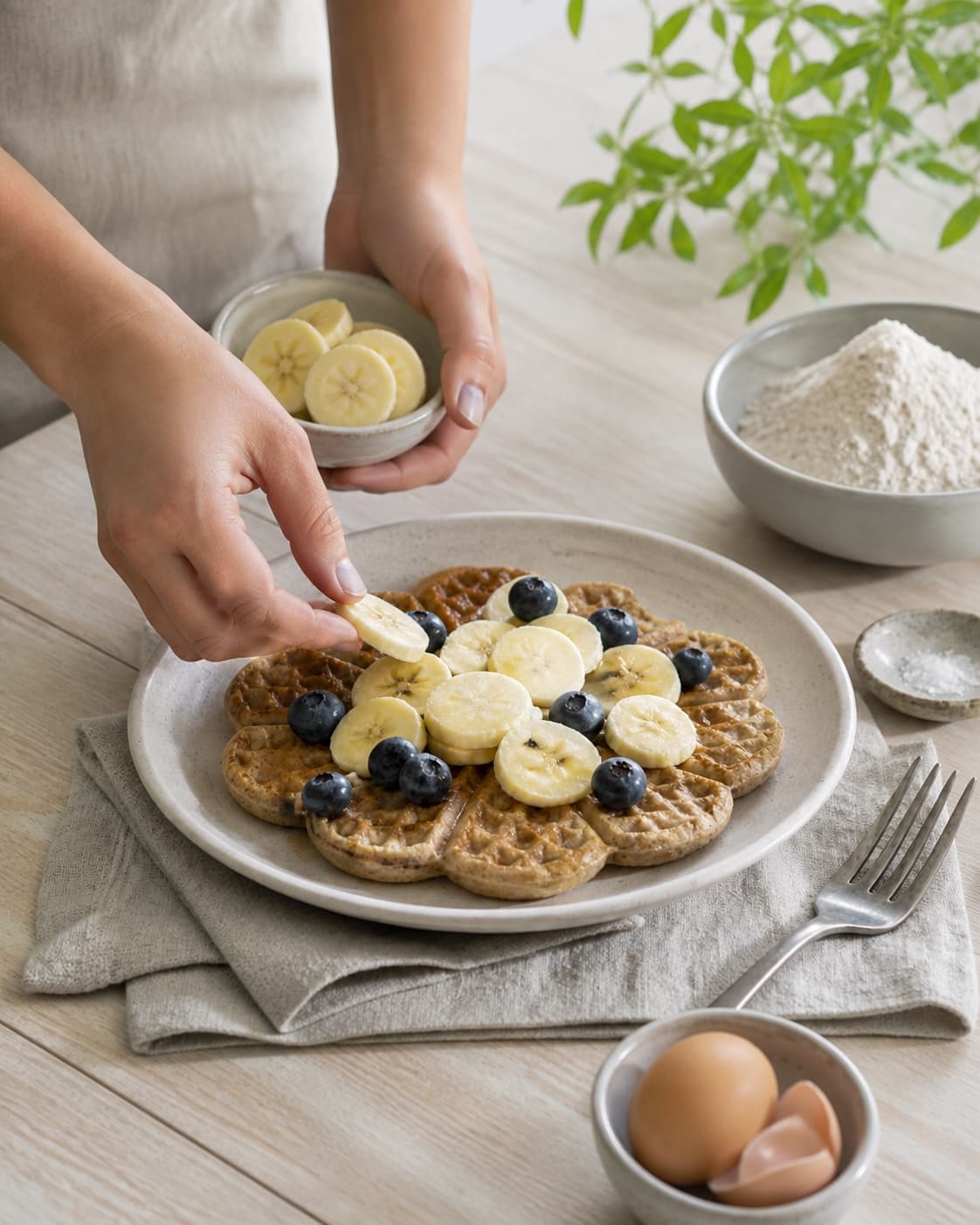 One single photorealistic instructional frame of finished breakfast bowls topped with the named fruit and garnish for Morgenmadsvafler med boghvede, featuring boghvedemel, banan, æg, with only the named equipment and no unrelated food, text, logos or packaging under tilberedningen af morgenmadsvafler med boghvede