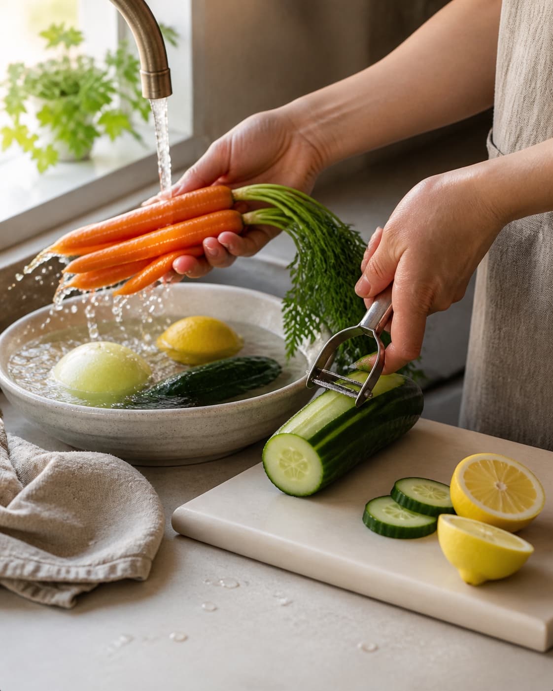 One single photorealistic instructional frame of fresh produce being washed and trimmed for Gulerodsjuice med agurk, featuring gulerødder, agurk, citron, with only the named equipment and no unrelated food, text, logos or packaging under tilberedningen af gulerodsjuice med agurk
