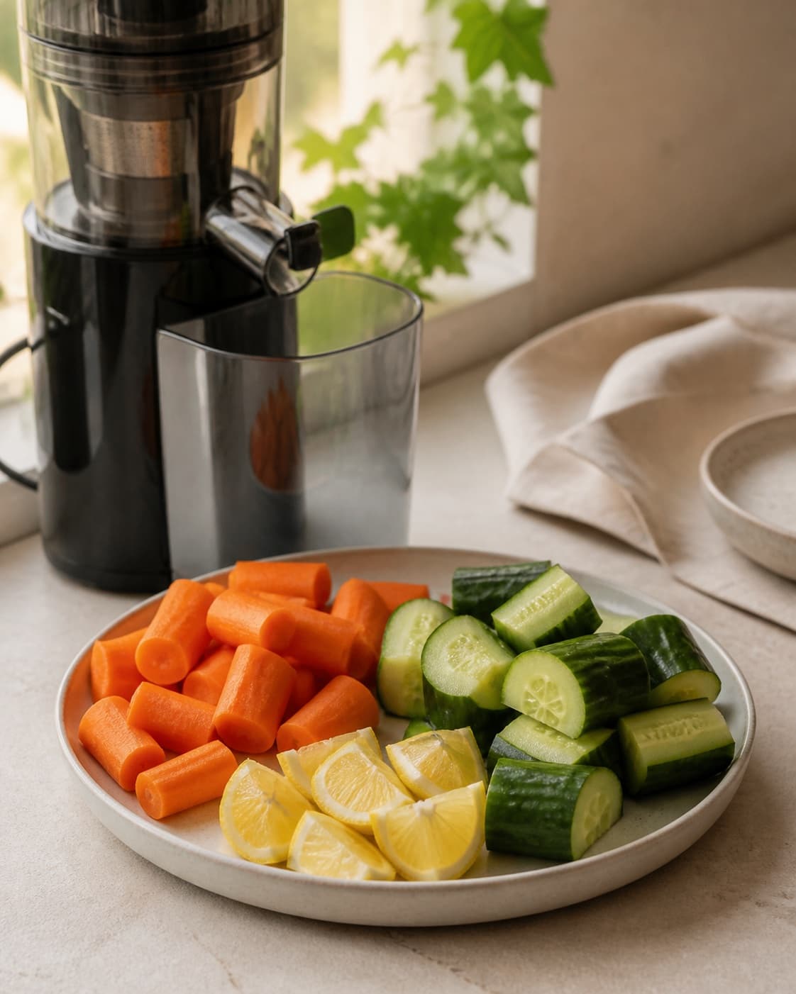 One single photorealistic instructional frame of the produce cut into juicer-size pieces for Gulerodsjuice med agurk, featuring gulerødder, agurk, citron, with only the named equipment and no unrelated food, text, logos or packaging under tilberedningen af gulerodsjuice med agurk