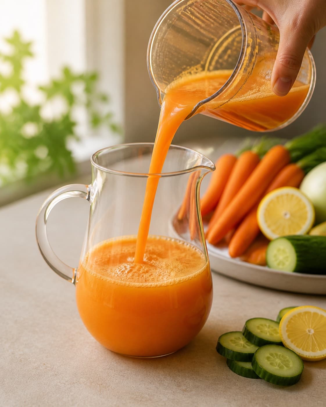 One single photorealistic instructional frame of colorful fresh juice flowing into one clean jug for Gulerodsjuice med agurk, featuring gulerødder, agurk, citron, with only the named equipment and no unrelated food, text, logos or packaging under tilberedningen af gulerodsjuice med agurk