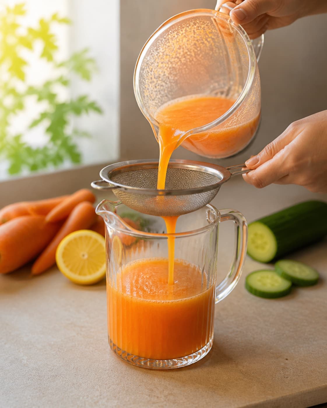One single photorealistic instructional frame of fresh juice being strained into one jug for Gulerodsjuice med agurk, featuring gulerødder, agurk, citron, with only the named equipment and no unrelated food, text, logos or packaging under tilberedningen af gulerodsjuice med agurk