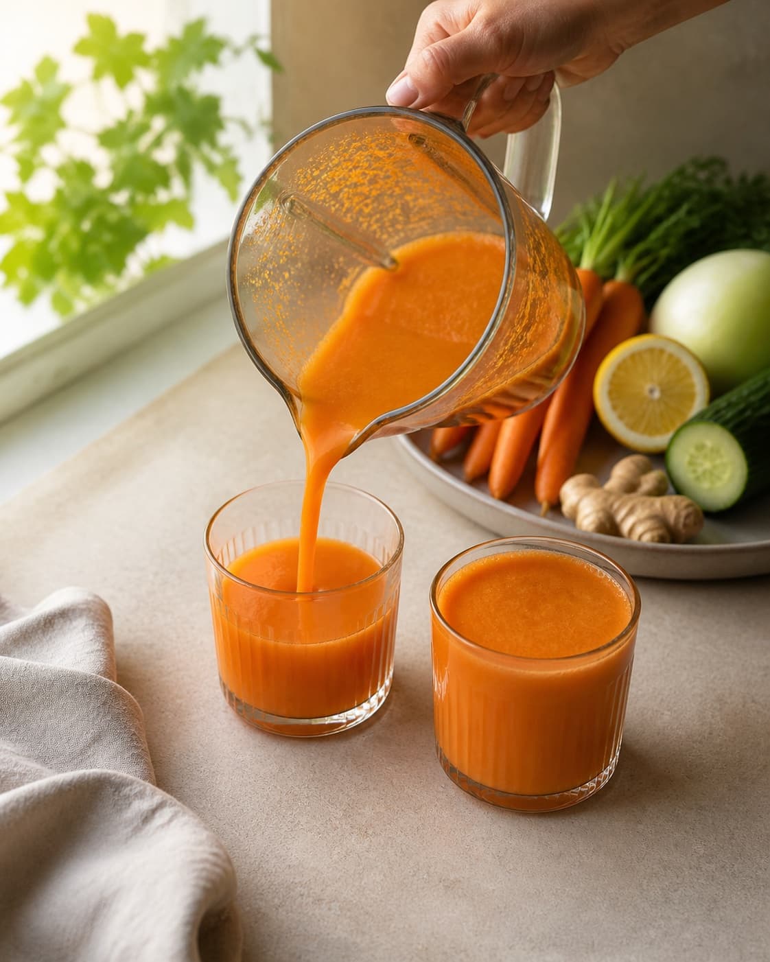 One single photorealistic instructional frame of the finished bright juice in clean chilled glasses for Gulerodsjuice med agurk, featuring gulerødder, agurk, citron, with only the named equipment and no unrelated food, text, logos or packaging under tilberedningen af gulerodsjuice med agurk