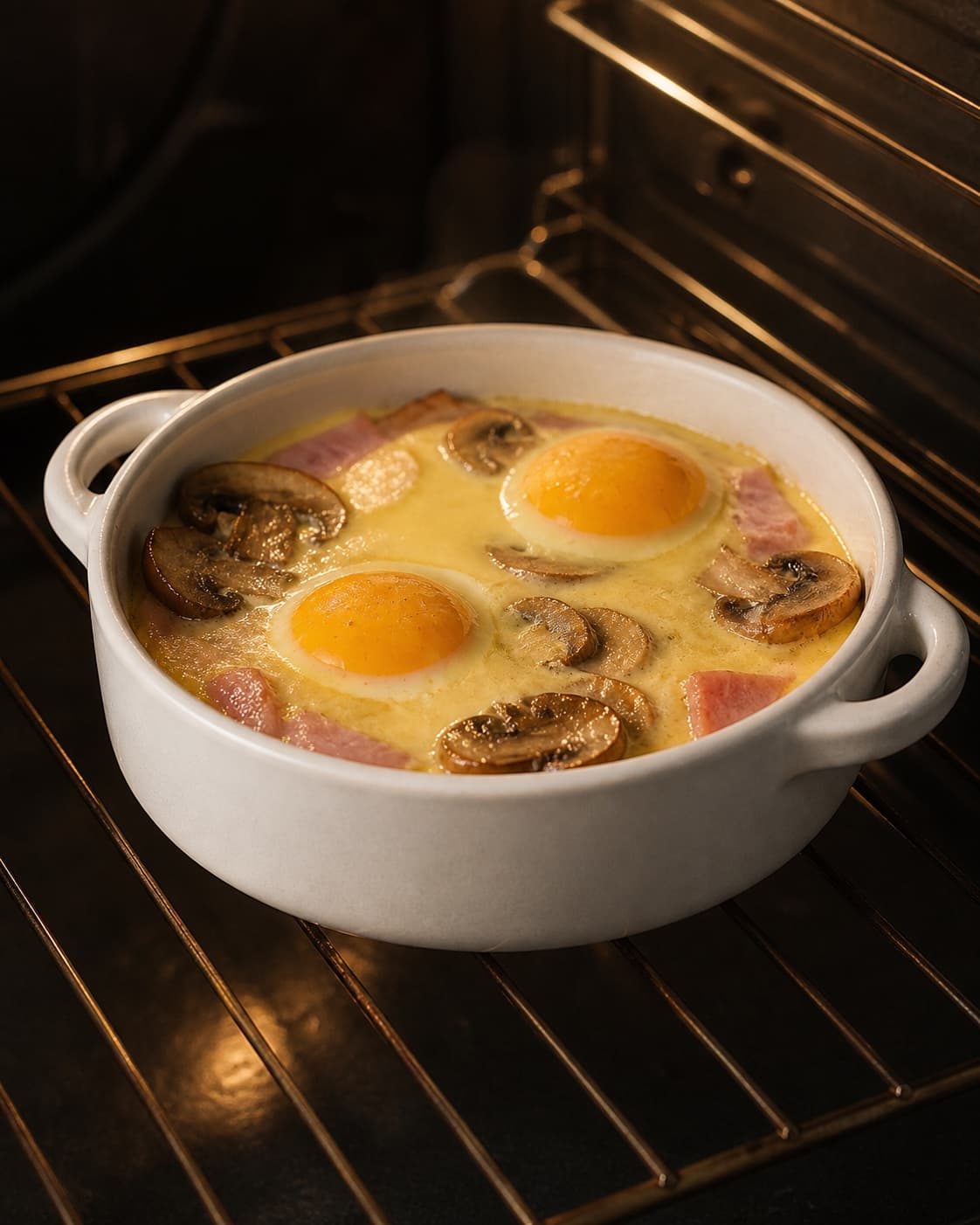 One single photorealistic instructional frame of the egg mixture gently setting around the filling for Æg en cocotte med svampe og skinke, featuring æg, champignon, skinke, with only the named equipment and no unrelated food, text, logos or packaging under tilberedningen af æg en cocotte med svampe og skinke
