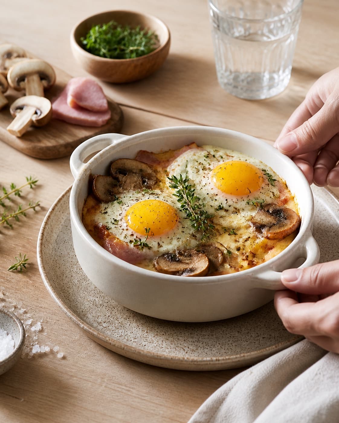 One single photorealistic instructional frame of the finished egg dish resting before serving for Æg en cocotte med svampe og skinke, featuring æg, champignon, skinke, with only the named equipment and no unrelated food, text, logos or packaging under tilberedningen af æg en cocotte med svampe og skinke