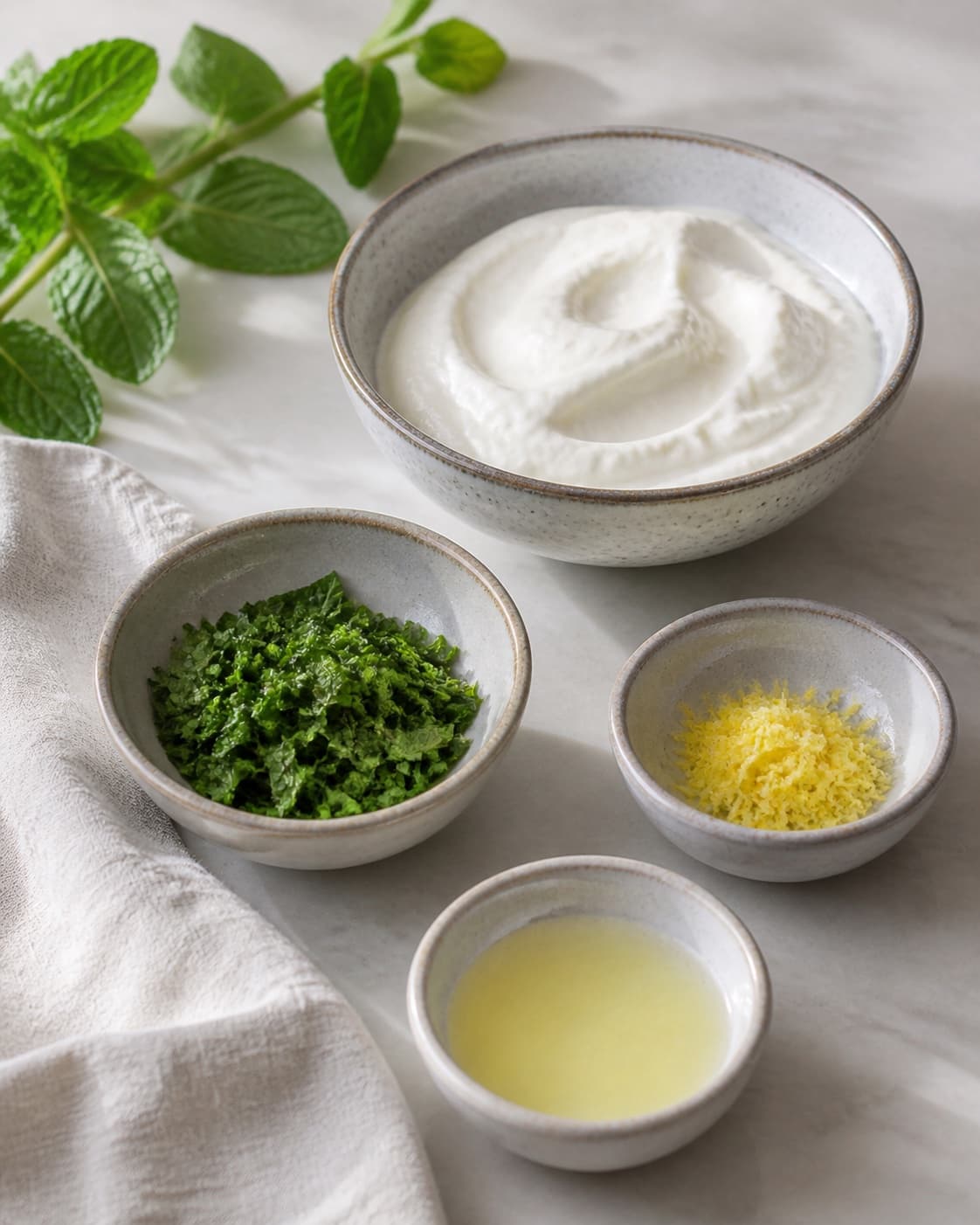 One single photorealistic instructional frame of the dip ingredients measured in separate small bowls for Mynteyoghurt, featuring græsk yoghurt, frisk mynte, citron, with only the named equipment and no unrelated food, text, logos or packaging under tilberedningen af mynteyoghurt