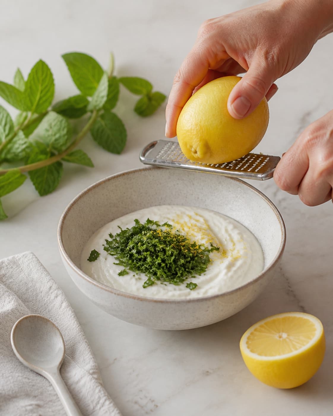 One single photorealistic instructional frame of the recipe-specific flavor elements being prepared for Mynteyoghurt, featuring græsk yoghurt, frisk mynte, citron, with only the named equipment and no unrelated food, text, logos or packaging under tilberedningen af mynteyoghurt