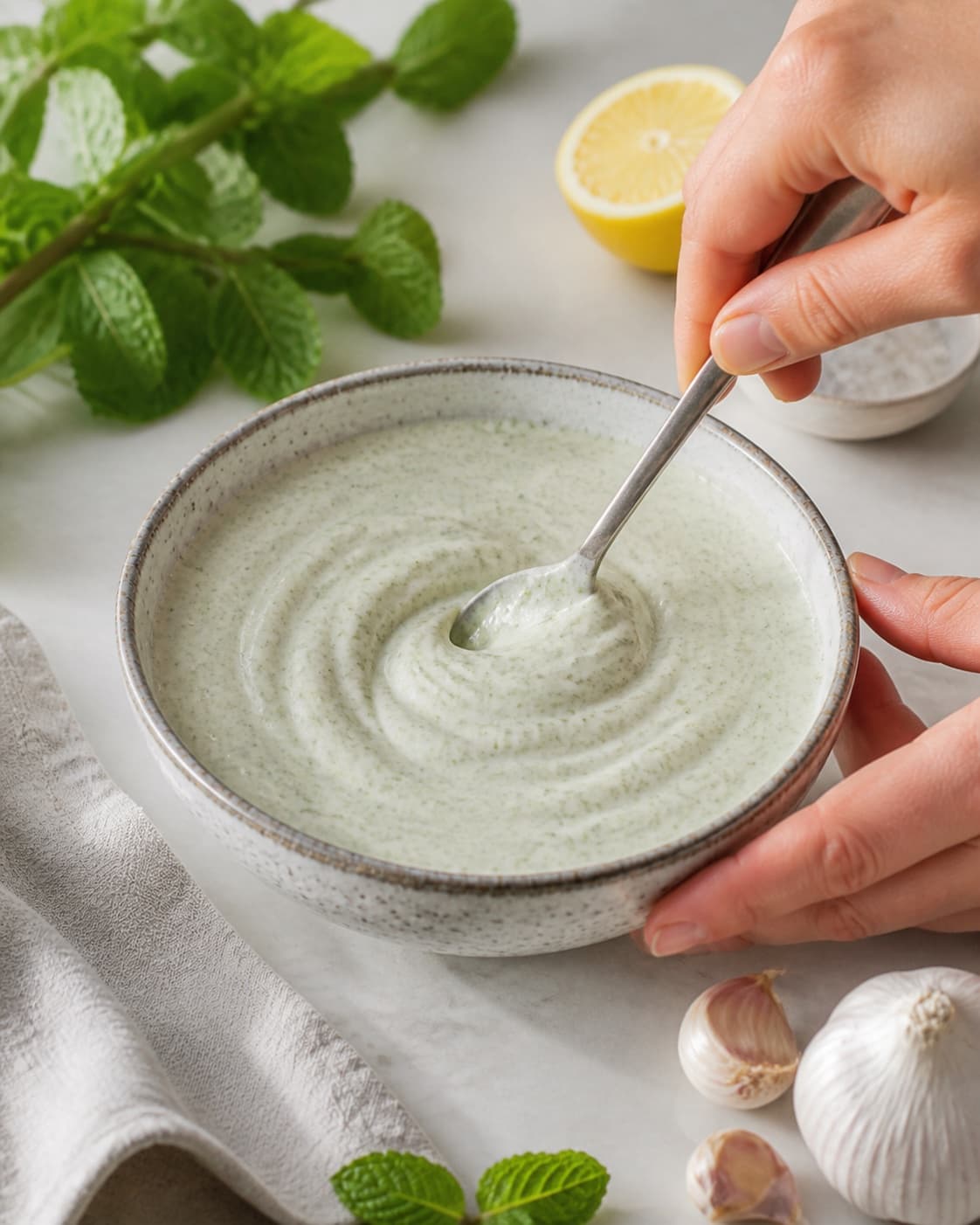 One single photorealistic instructional frame of the dip blending into a smooth cohesive texture for Mynteyoghurt, featuring græsk yoghurt, frisk mynte, citron, with only the named equipment and no unrelated food, text, logos or packaging under tilberedningen af mynteyoghurt