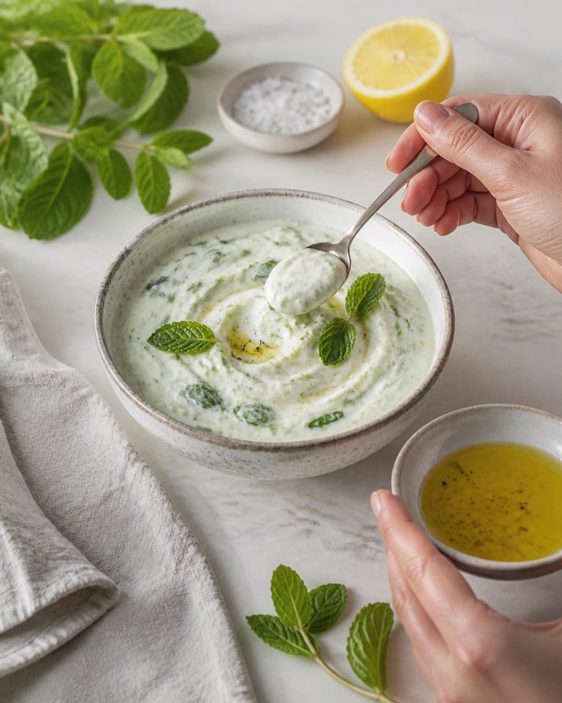 One single photorealistic instructional frame of one bowl of finished dip being tasted and adjusted for Mynteyoghurt, featuring græsk yoghurt, frisk mynte, citron, with only the named equipment and no unrelated food, text, logos or packaging under tilberedningen af mynteyoghurt
