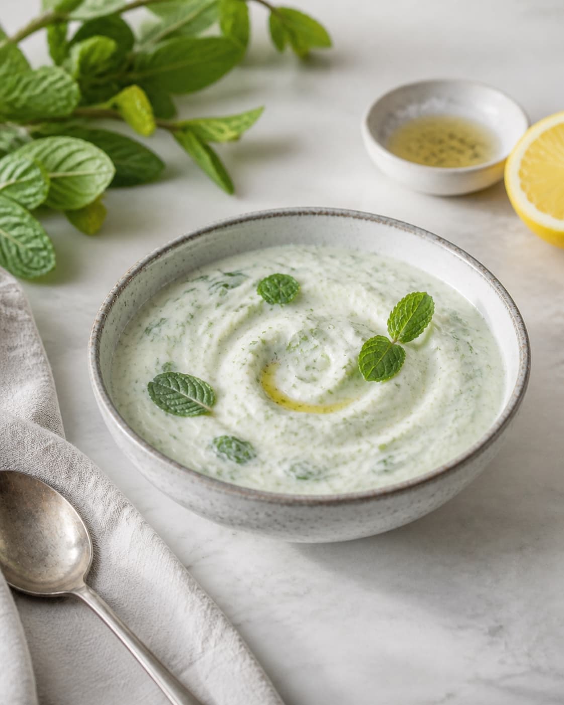 One single photorealistic instructional frame of the completed dip in one clean bowl after chilling for Mynteyoghurt, featuring græsk yoghurt, frisk mynte, citron, with only the named equipment and no unrelated food, text, logos or packaging under tilberedningen af mynteyoghurt