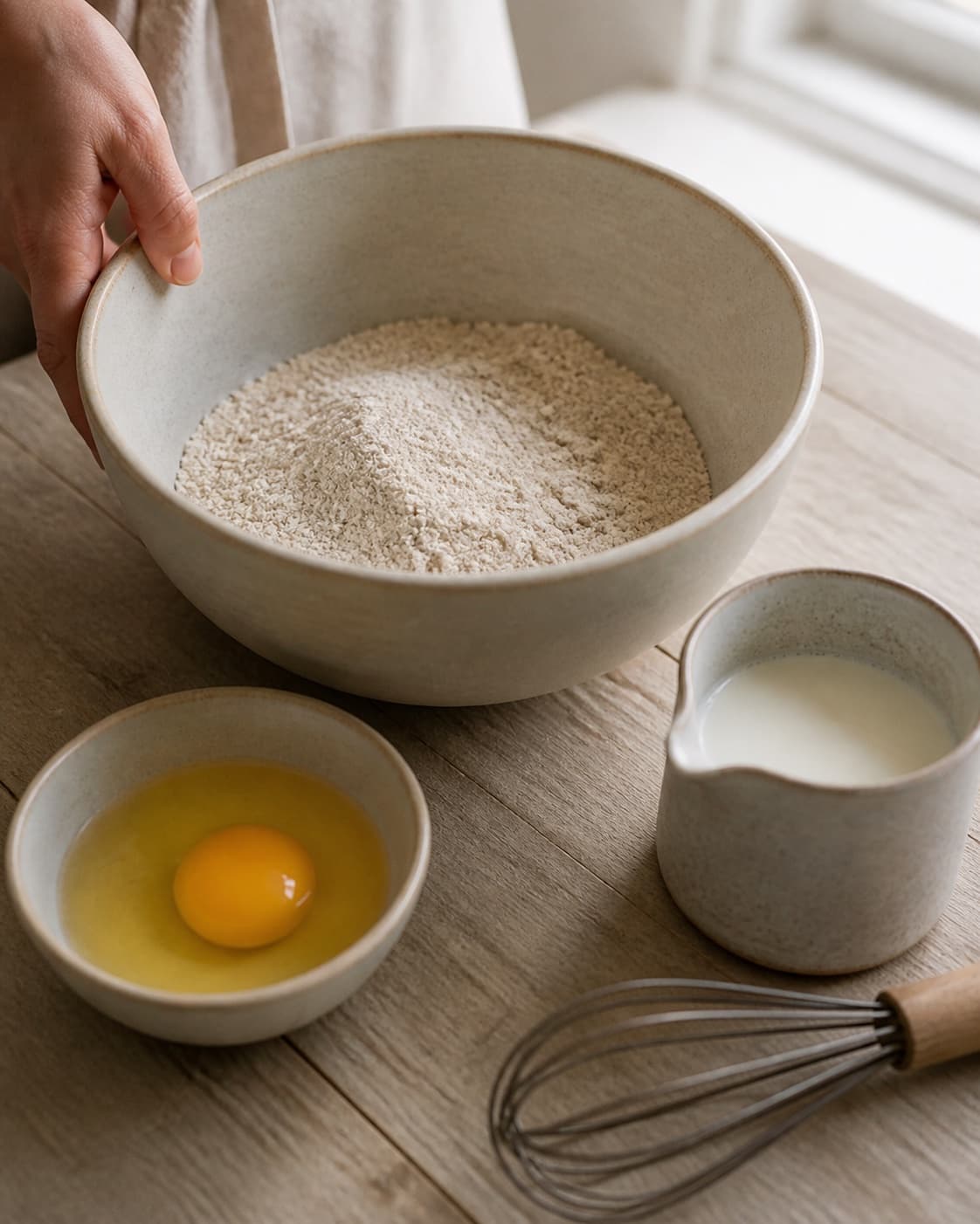 One single photorealistic instructional frame of measured grains seeds and liquid before cooking for Boghvedepandekager, featuring boghvedemel, æg, mælk, with only the named equipment and no unrelated food, text, logos or packaging under tilberedningen af boghvedepandekager