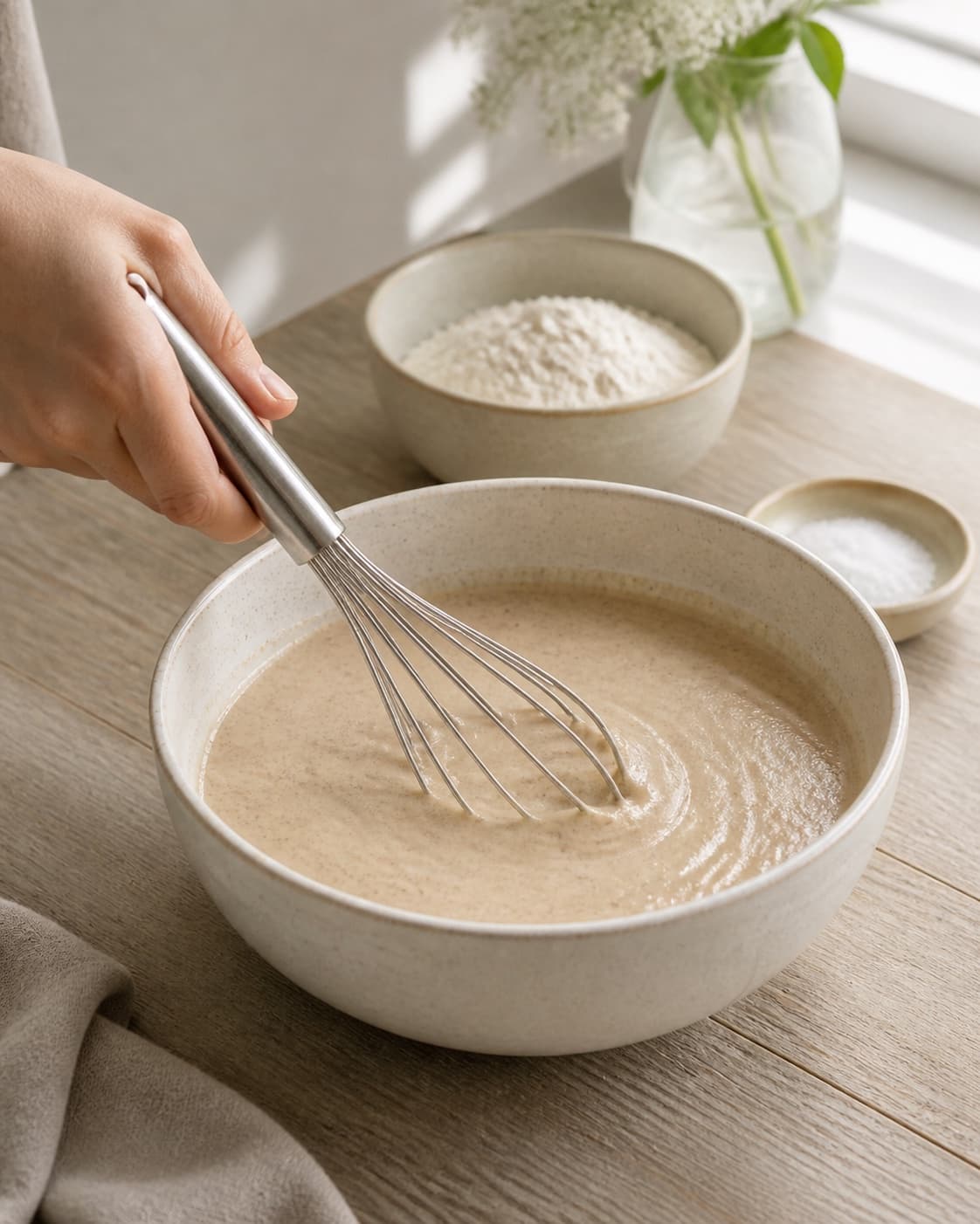 Smooth pourable batter for buckwheat pancakes being whisked in one bowl, no saucepan, boiling porridge or finished pancakes under tilberedningen af boghvedepandekager