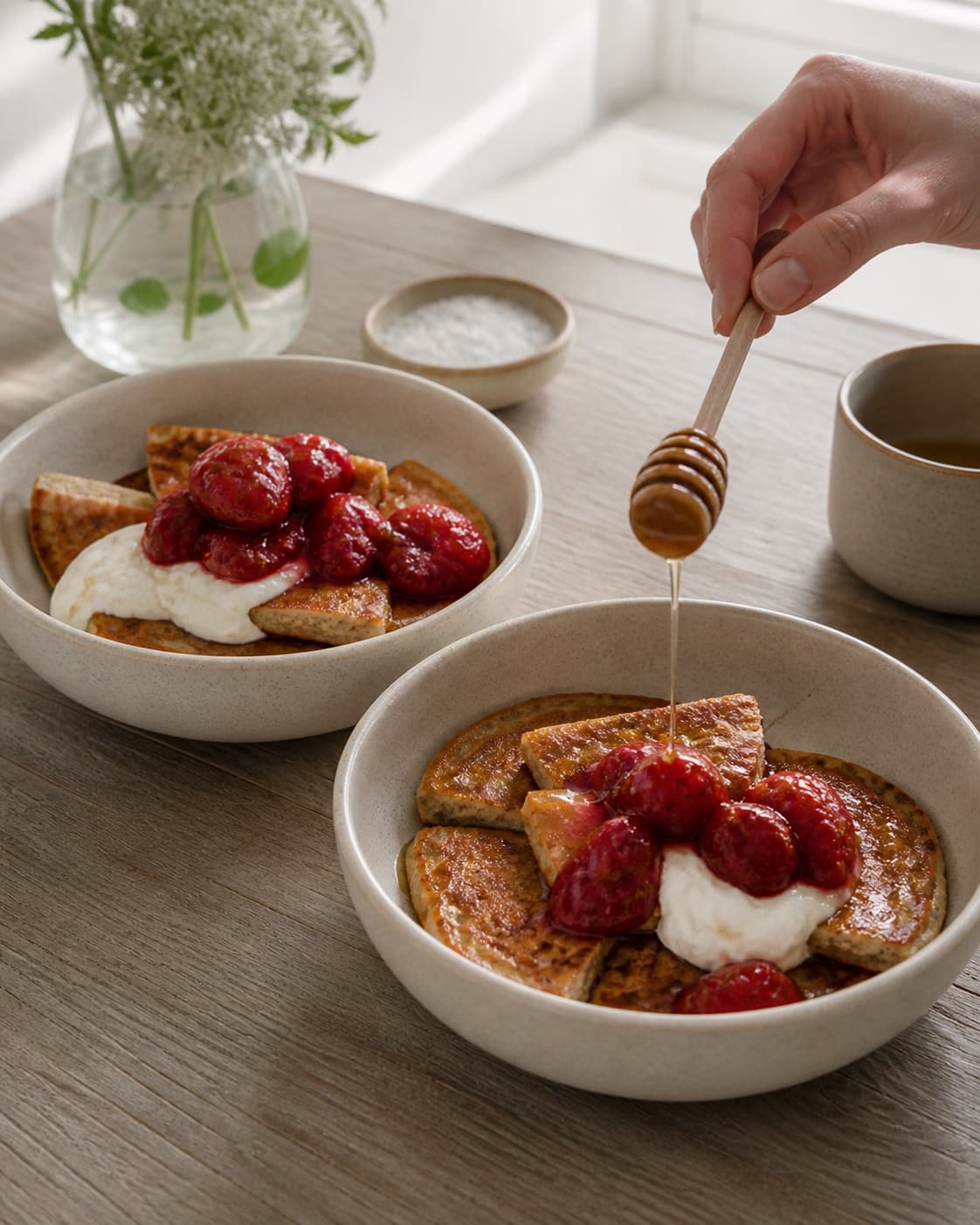 One single photorealistic instructional frame of finished breakfast bowls topped with the named fruit and garnish for Boghvedepandekager, featuring boghvedemel, æg, mælk, with only the named equipment and no unrelated food, text, logos or packaging under tilberedningen af boghvedepandekager