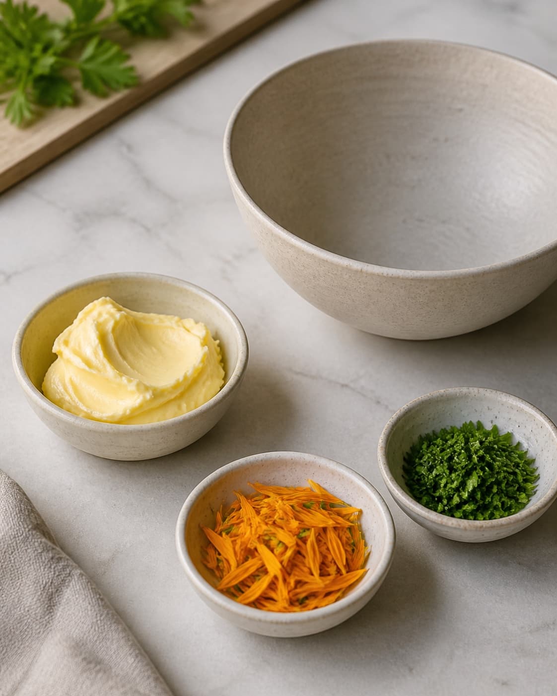 One single photorealistic instructional frame of the dip ingredients measured in separate small bowls for Kryddersmør og sommerglade morgenfruer, featuring smør, morgenfrueblade, frisk persille, with only the named equipment and no unrelated food, text, logos or packaging under tilberedningen af kryddersmør og sommerglade morgenfruer
