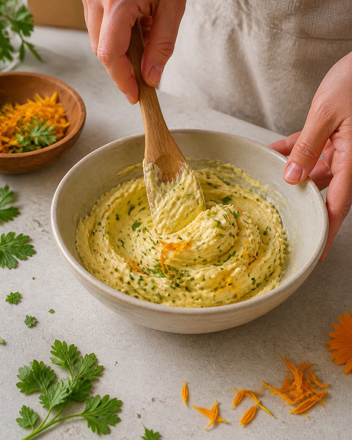 One single photorealistic instructional frame of the recipe-specific flavor elements being prepared for Kryddersmør og sommerglade morgenfruer, featuring smør, morgenfrueblade, frisk persille, with only the named equipment and no unrelated food, text, logos or packaging under tilberedningen af kryddersmør og sommerglade morgenfruer