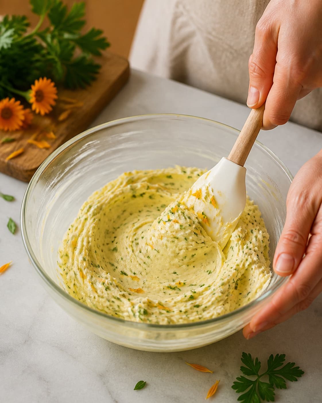 One single photorealistic instructional frame of the dip blending into a smooth cohesive texture for Kryddersmør og sommerglade morgenfruer, featuring smør, morgenfrueblade, frisk persille, with only the named equipment and no unrelated food, text, logos or packaging under tilberedningen af kryddersmør og sommerglade morgenfruer