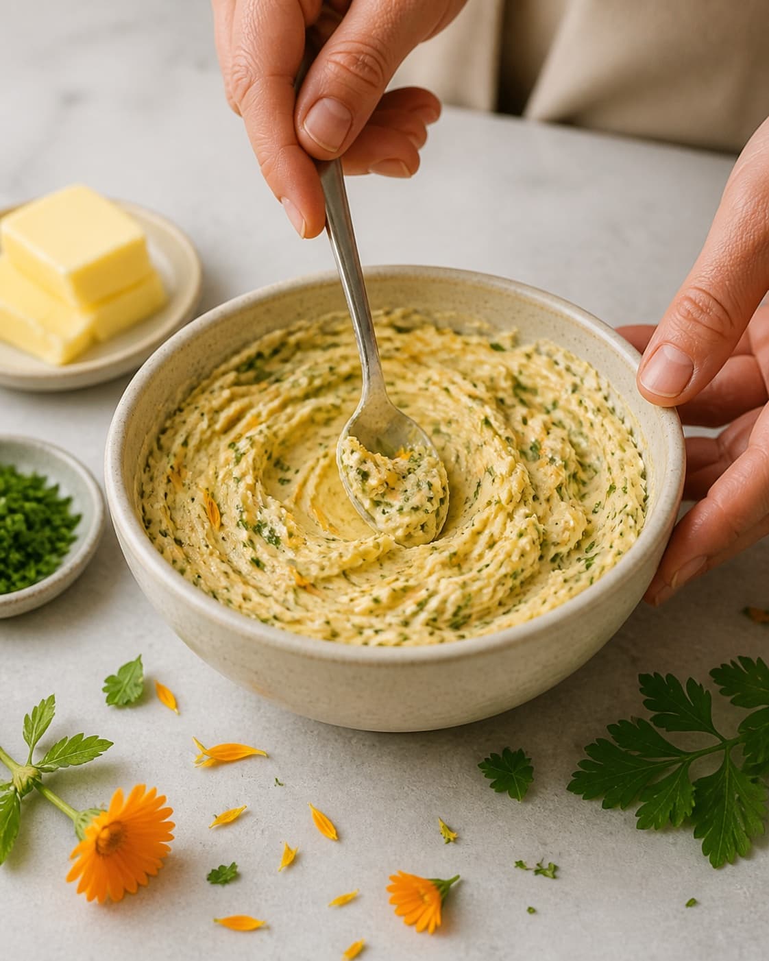 One single photorealistic instructional frame of one bowl of finished dip being tasted and adjusted for Kryddersmør og sommerglade morgenfruer, featuring smør, morgenfrueblade, frisk persille, with only the named equipment and no unrelated food, text, logos or packaging under tilberedningen af kryddersmør og sommerglade morgenfruer