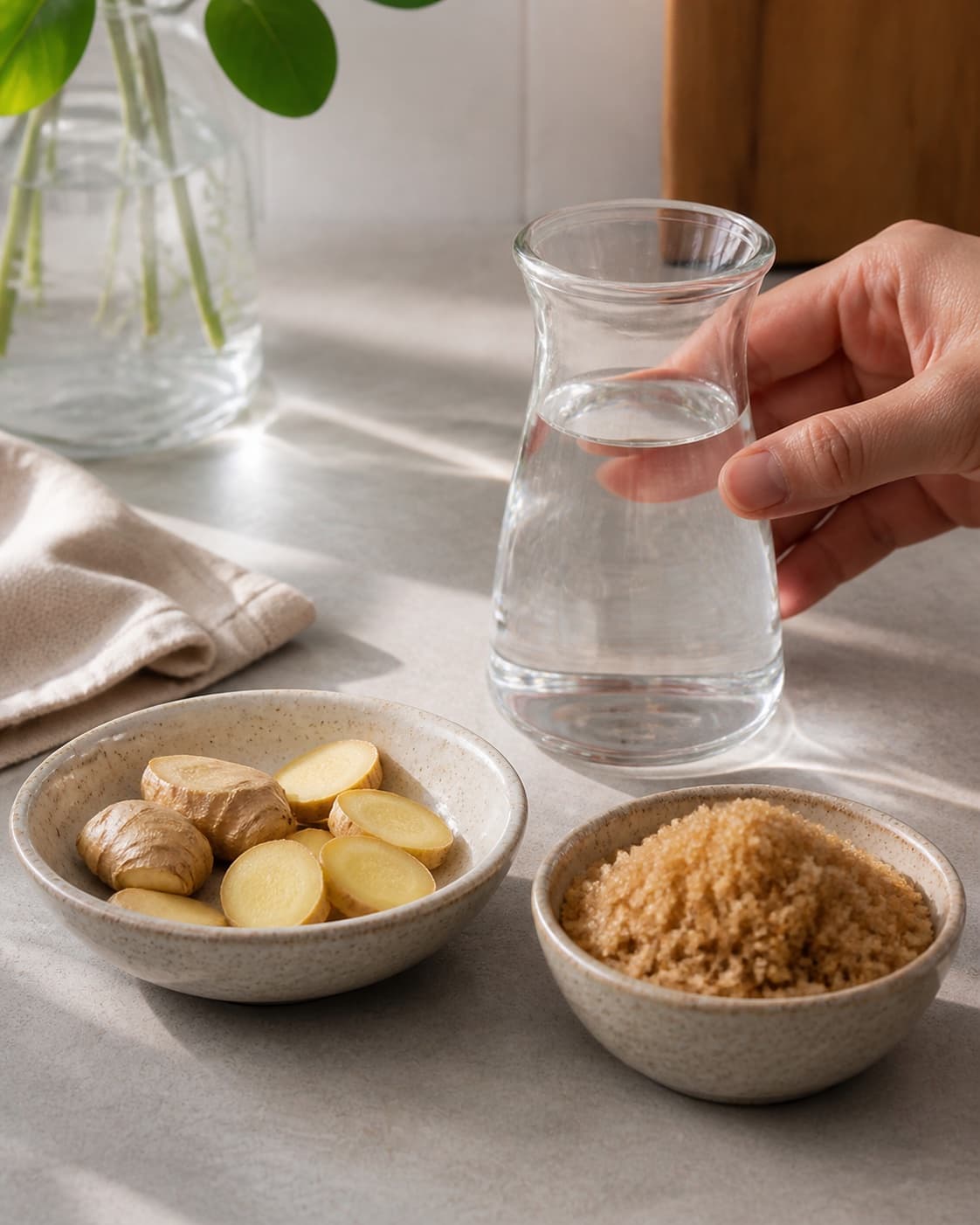 One single photorealistic instructional frame of sauce ingredients prepared in separate bowls for Spicy Ginger Syrup - En perfekt ledsager til latte og chai, featuring frisk ingefær, brun farin, vand, with only the named equipment and no unrelated food, text, logos or packaging under tilberedningen af spicy ginger syrup - en perfekt ledsager til latte og chai