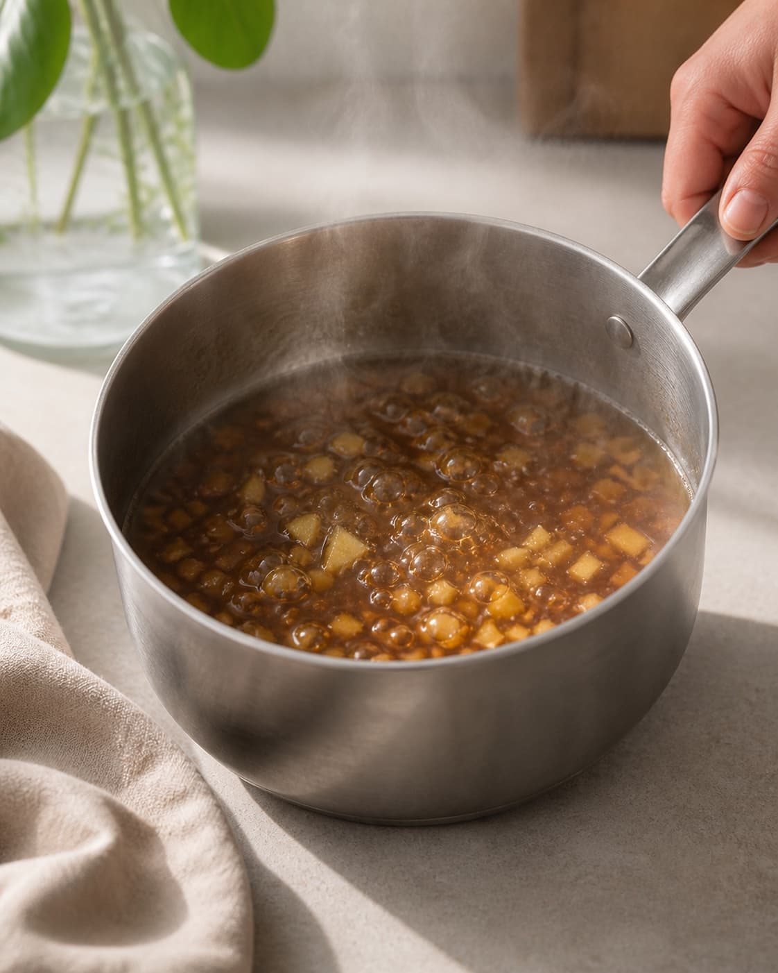 One single photorealistic instructional frame of the sauce base simmering in one saucepan for Spicy Ginger Syrup - En perfekt ledsager til latte og chai, featuring frisk ingefær, brun farin, vand, with only the named equipment and no unrelated food, text, logos or packaging under tilberedningen af spicy ginger syrup - en perfekt ledsager til latte og chai